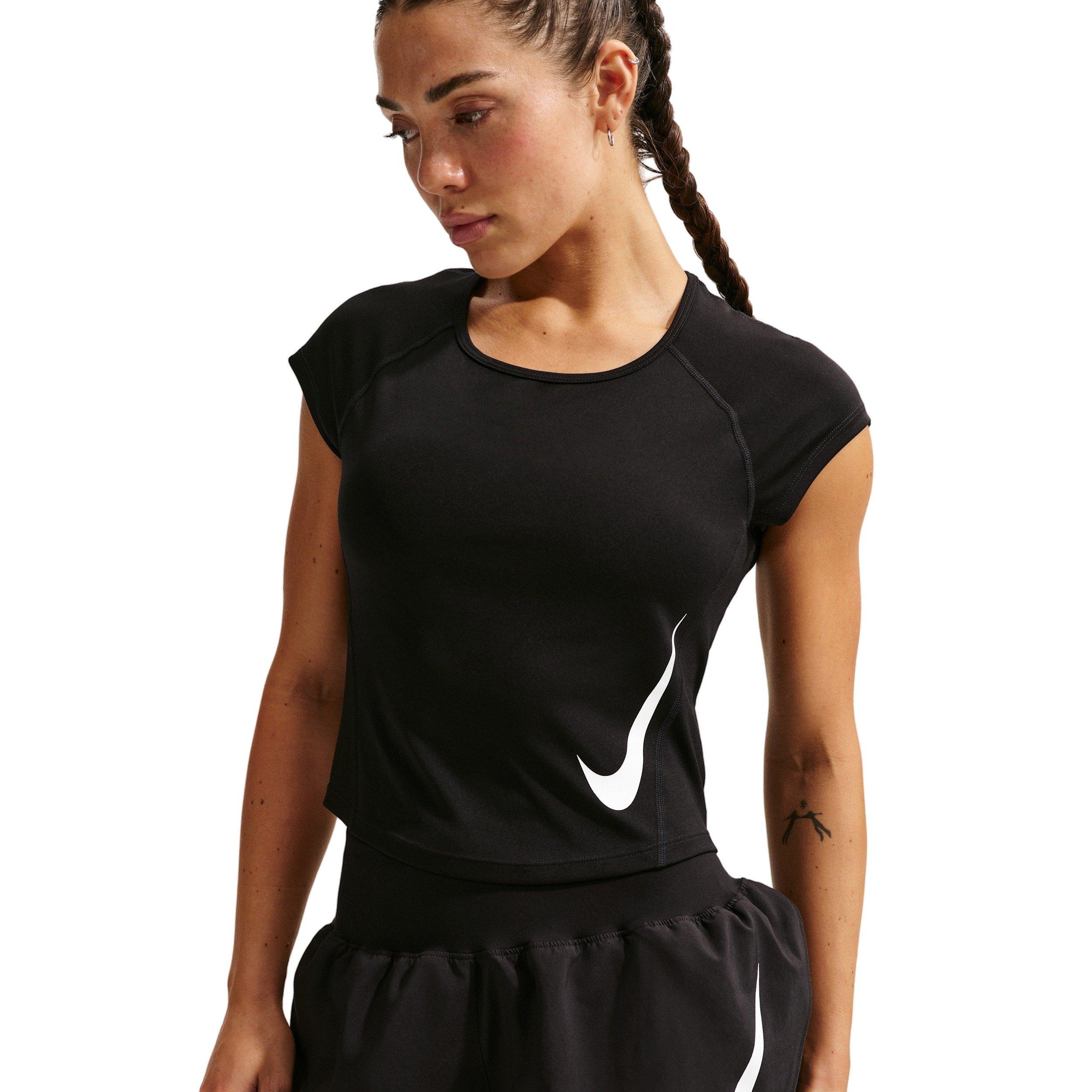 Nike Women's Tempo Swoosh Dri-FIT Cap-Sleeve Running Top -Black - BLACK Thumbnail View 1