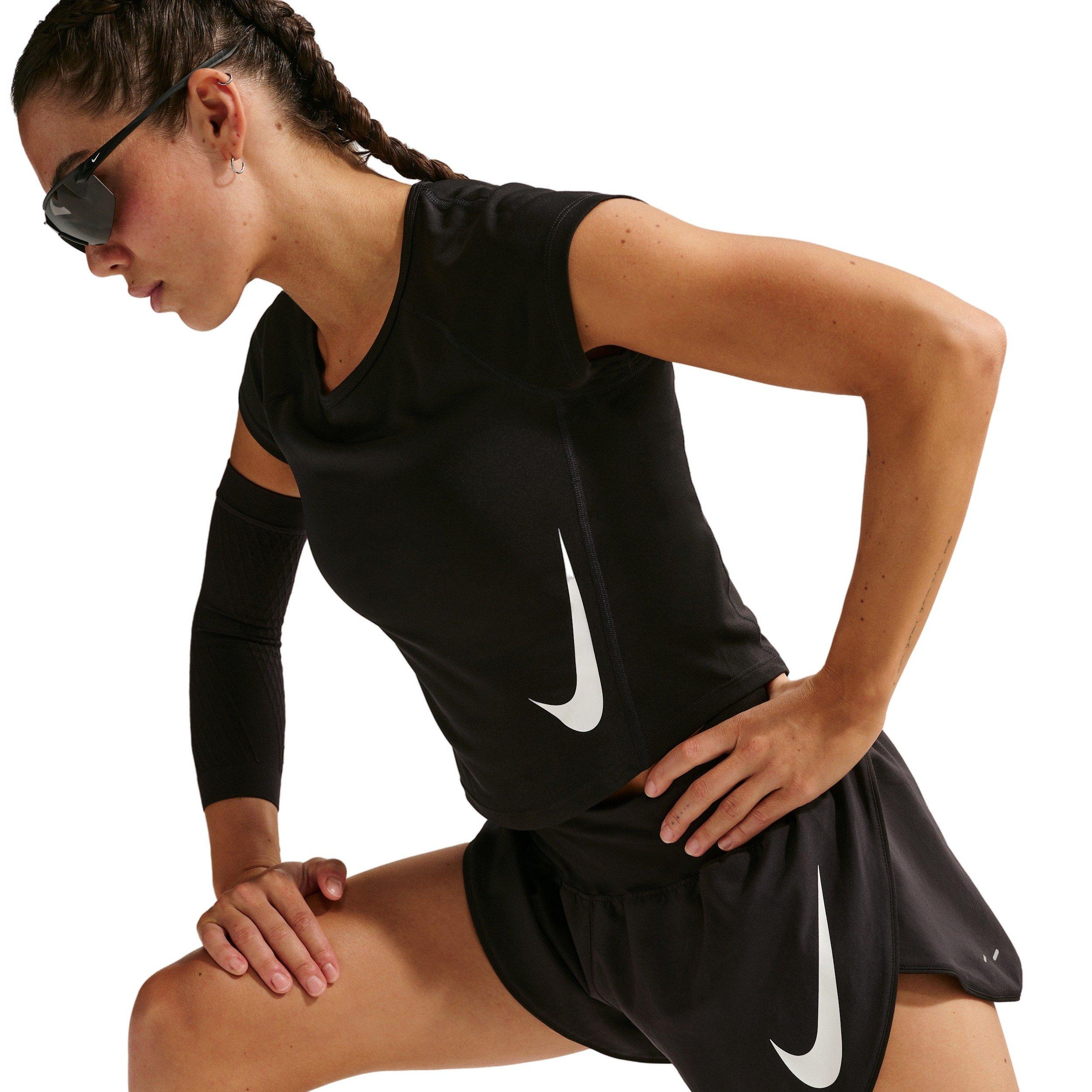 Nike Women's Tempo Swoosh Dri-FIT Cap-Sleeve Running Top -Black - BLACK Thumbnail View 3