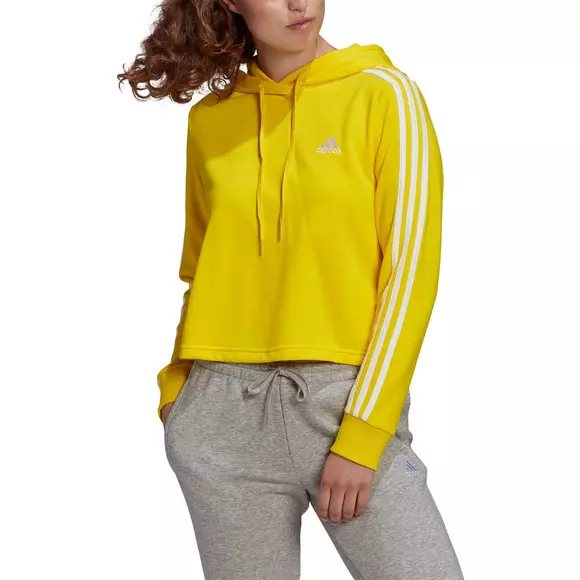 adidas Women's Yellow/White Essentials 3-Stripes Cropped Hoodie