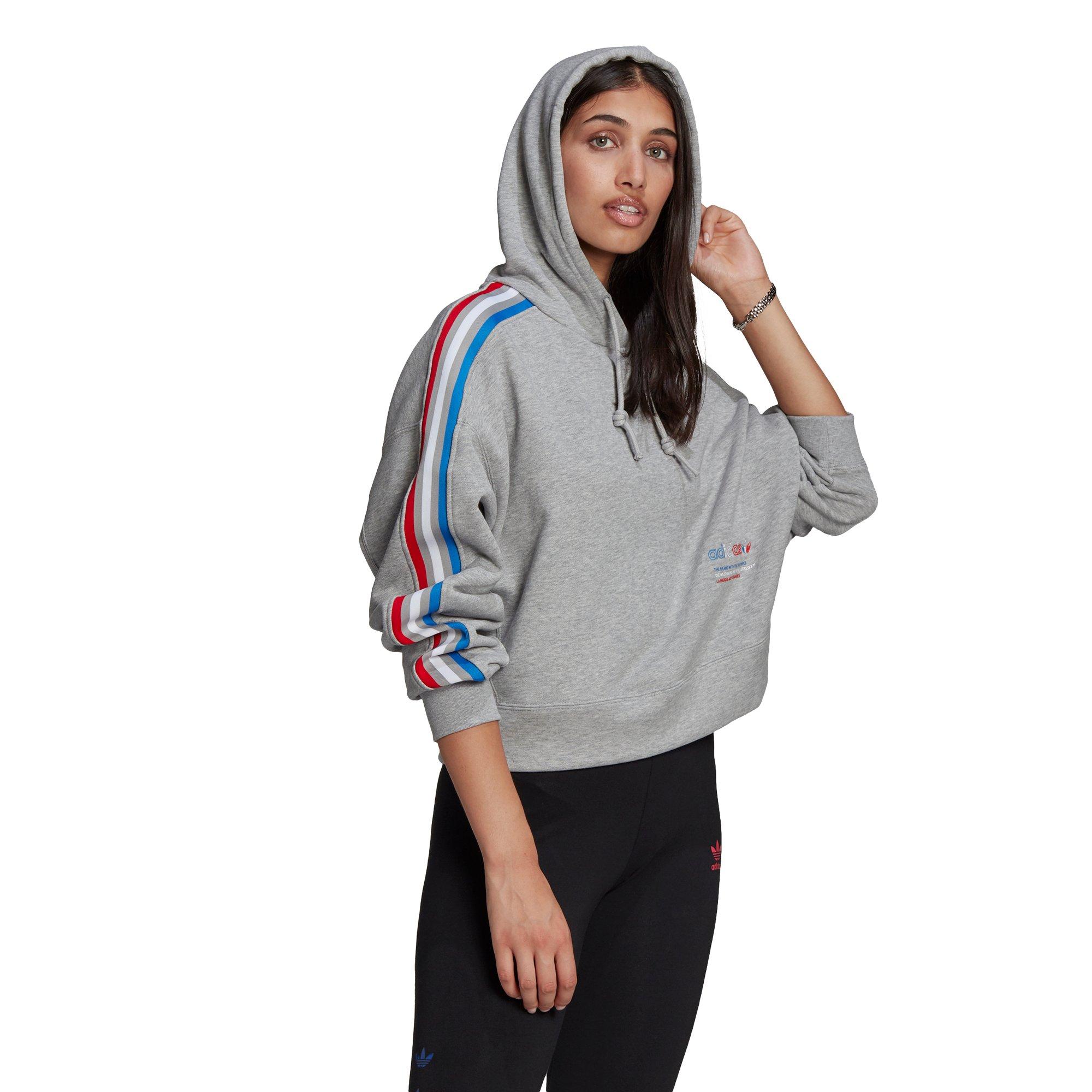 adidas Women s Grey Adicolor Tricolor Trefoil Cropped Hoodie