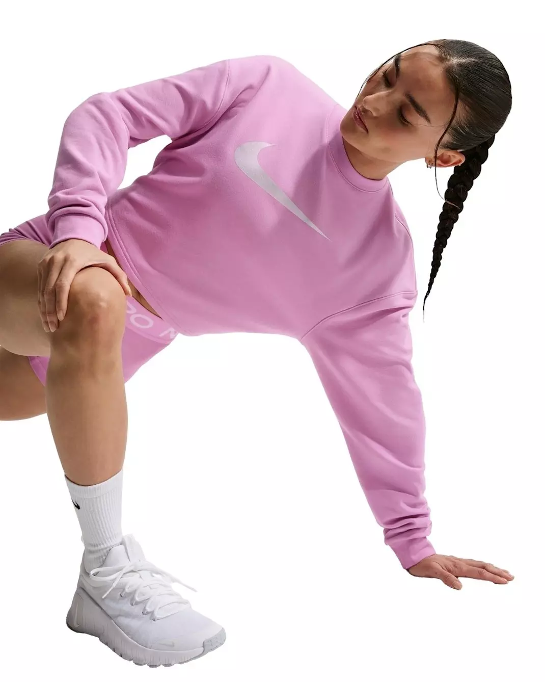 Nike Women's Pro Dri-FIT Crew-Neck French Terry Top - Lt Magenta - LT MAGENTA