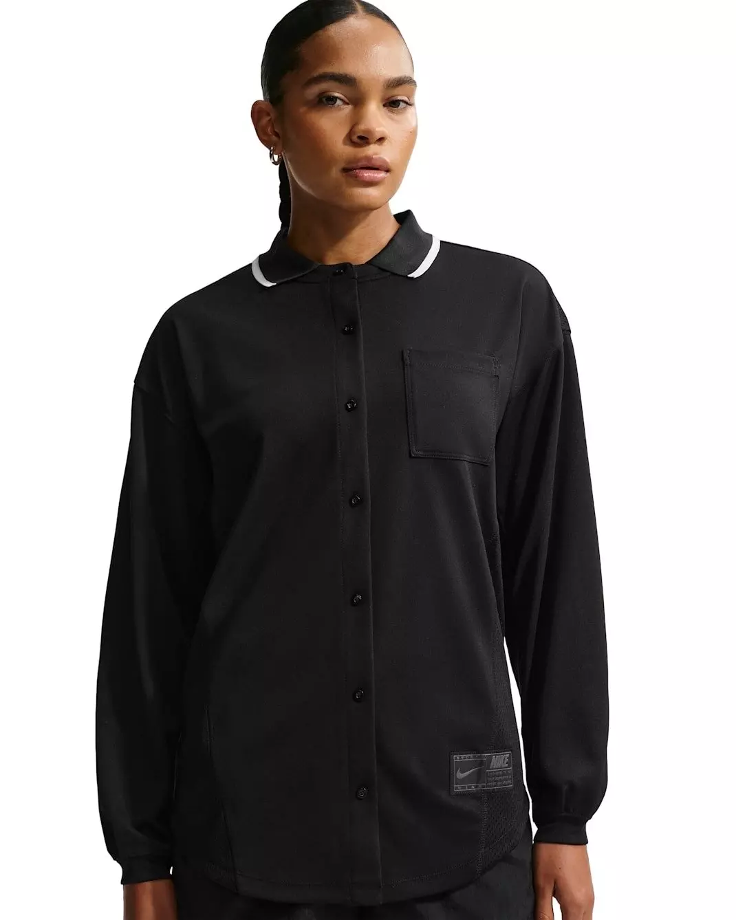 Nike Women's Sportswear Oversized Button-Down Jersey Top -Black - BLACK