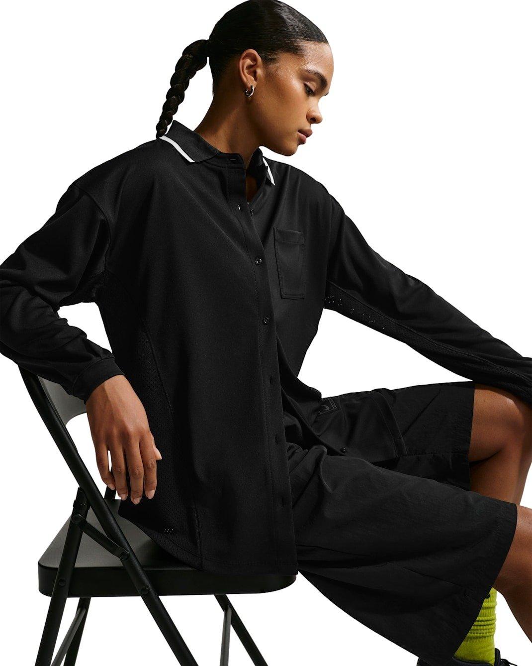 Nike Women's Sportswear Oversized Button-Down Jersey Top - Black - BLACK Thumbnail View 3