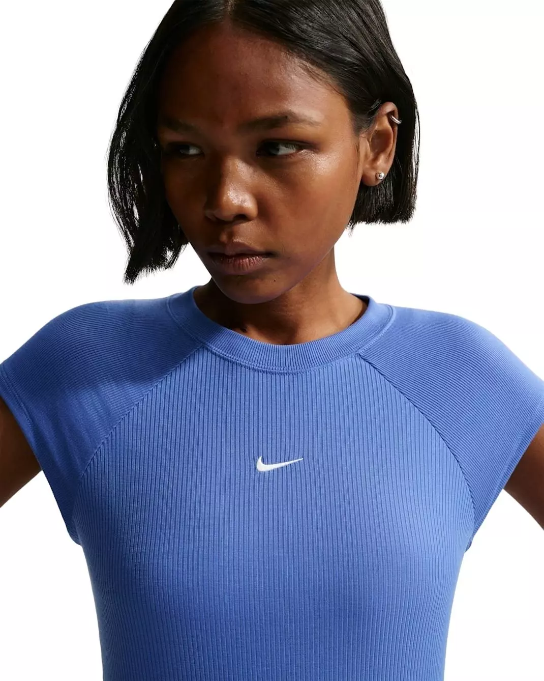 Nike Women's Sportswear Chill Knit Tight Short-Sleeve Ribbed Top -Blue - BLUE