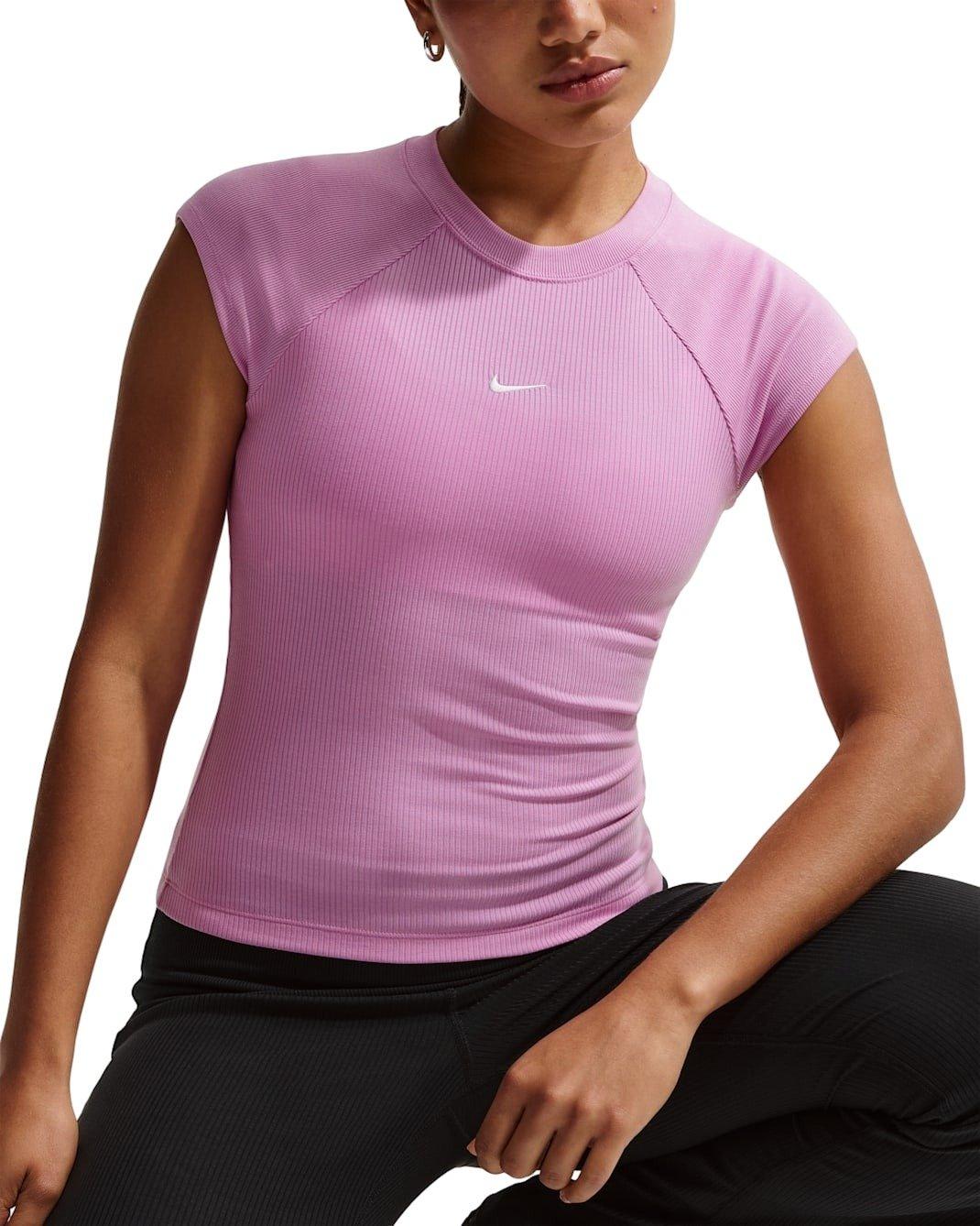 Nike Women's Sportswear Chill Knit Tight Short-Sleeve Ribbed Top - Light Magenta - LT MAGENTA Thumbnail View 3