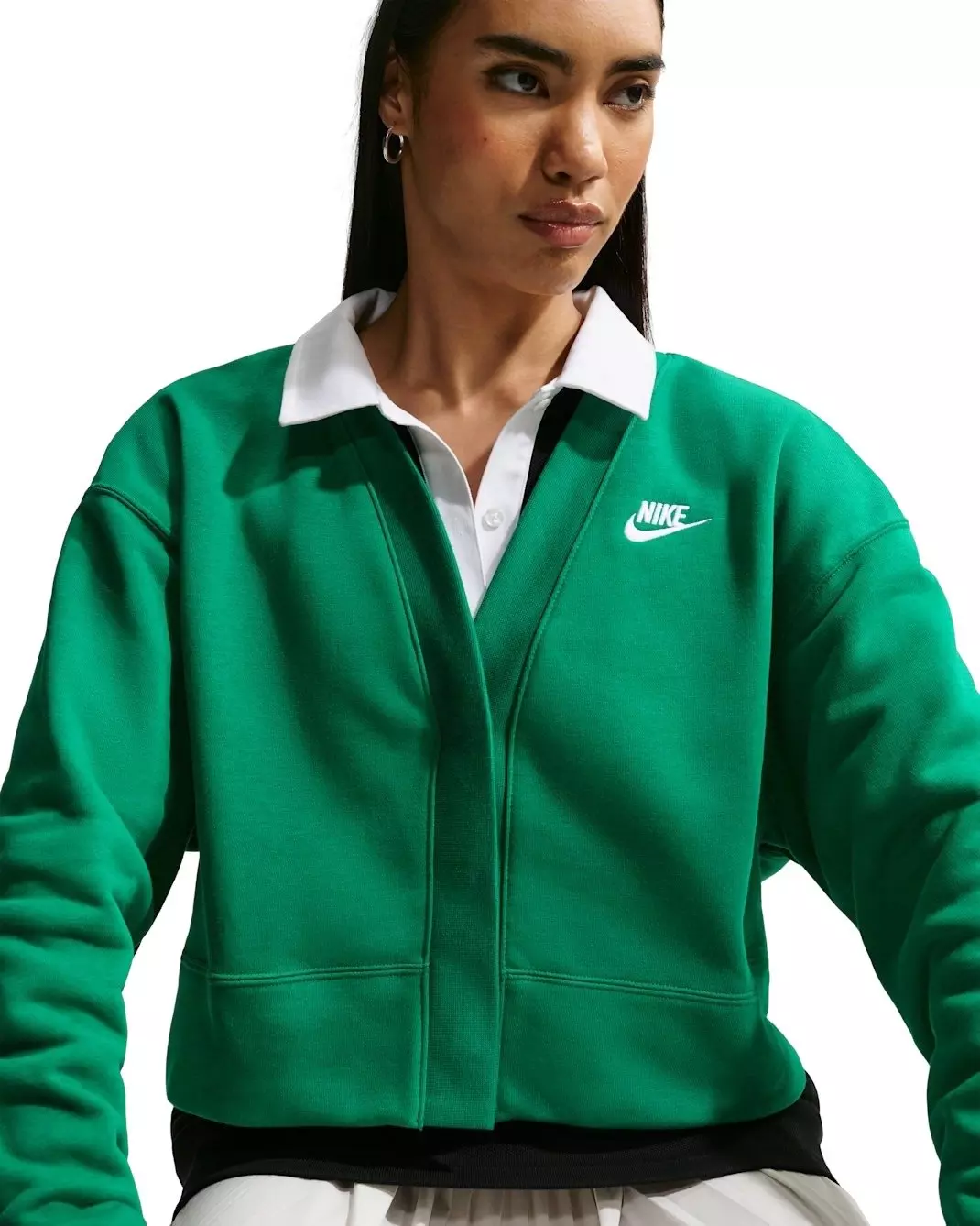 Nike Women's Sportswear Club Fleece Loose Cardigan - Green/White - GREEN/WHITE
