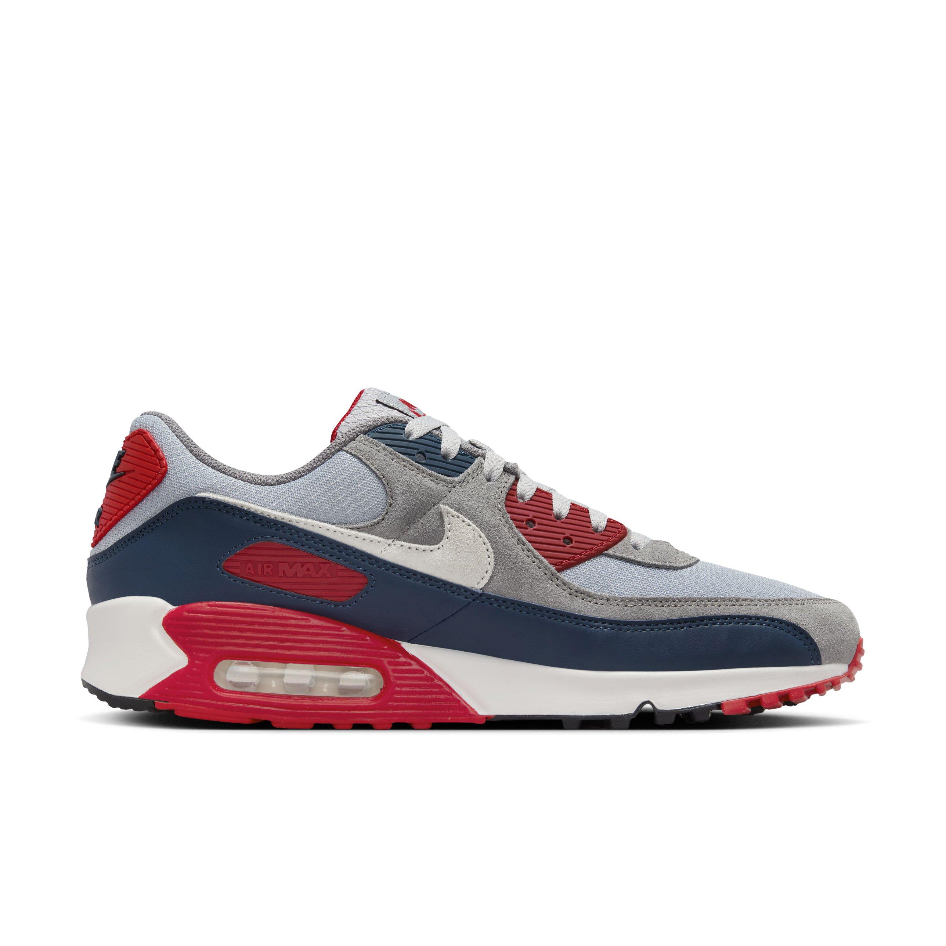 Nike Air Max 90 "Light Smoke Grey/Armory Navy/Fire Red/Phantom" Men's Shoe - LT GREY/NAVY/RED/PHANTOM