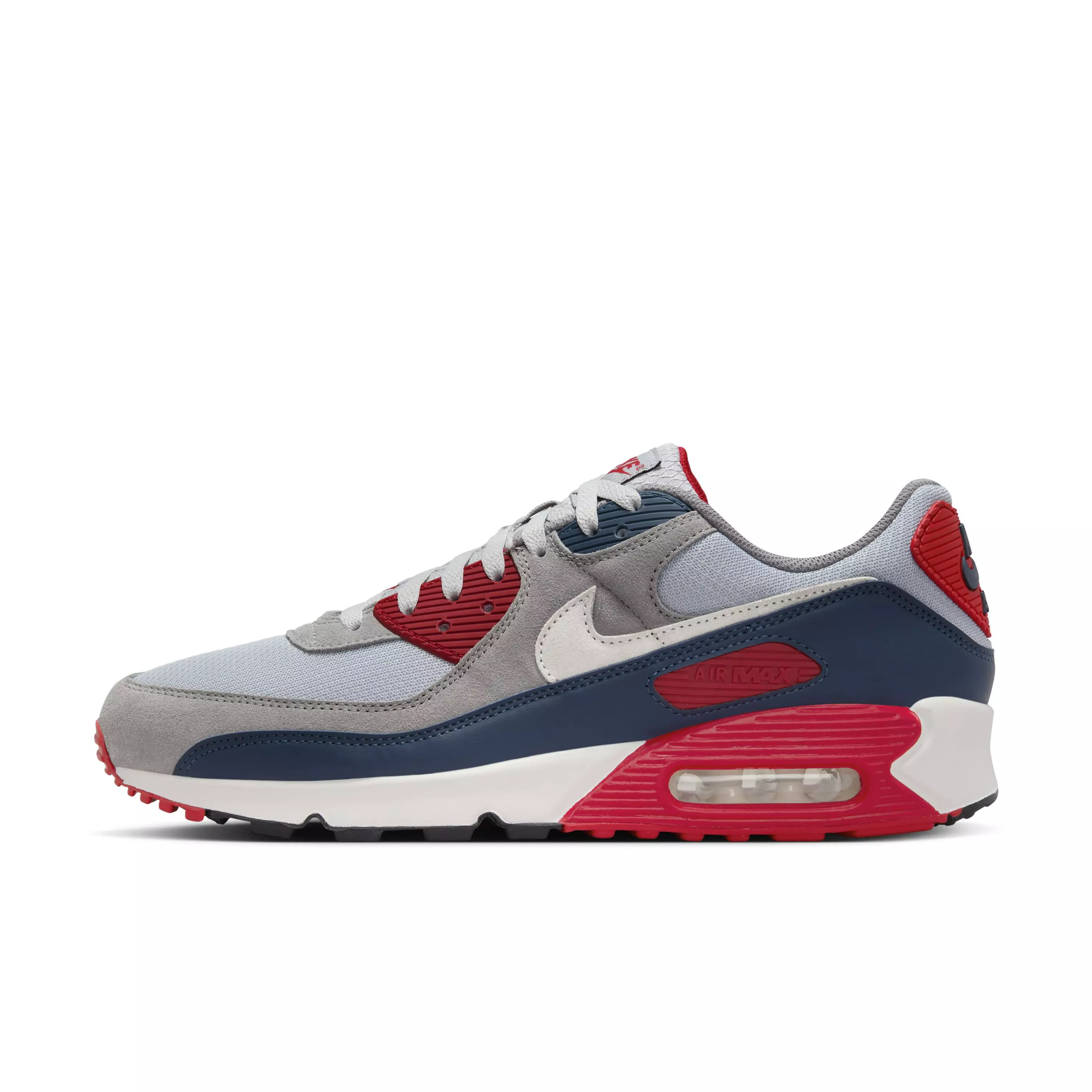 Nike Air Max 90 "Light Smoke Grey/Armory Navy/Fire Red/Phantom" Men's Shoe - LT GREY/NAVY/RED/PHANTOM