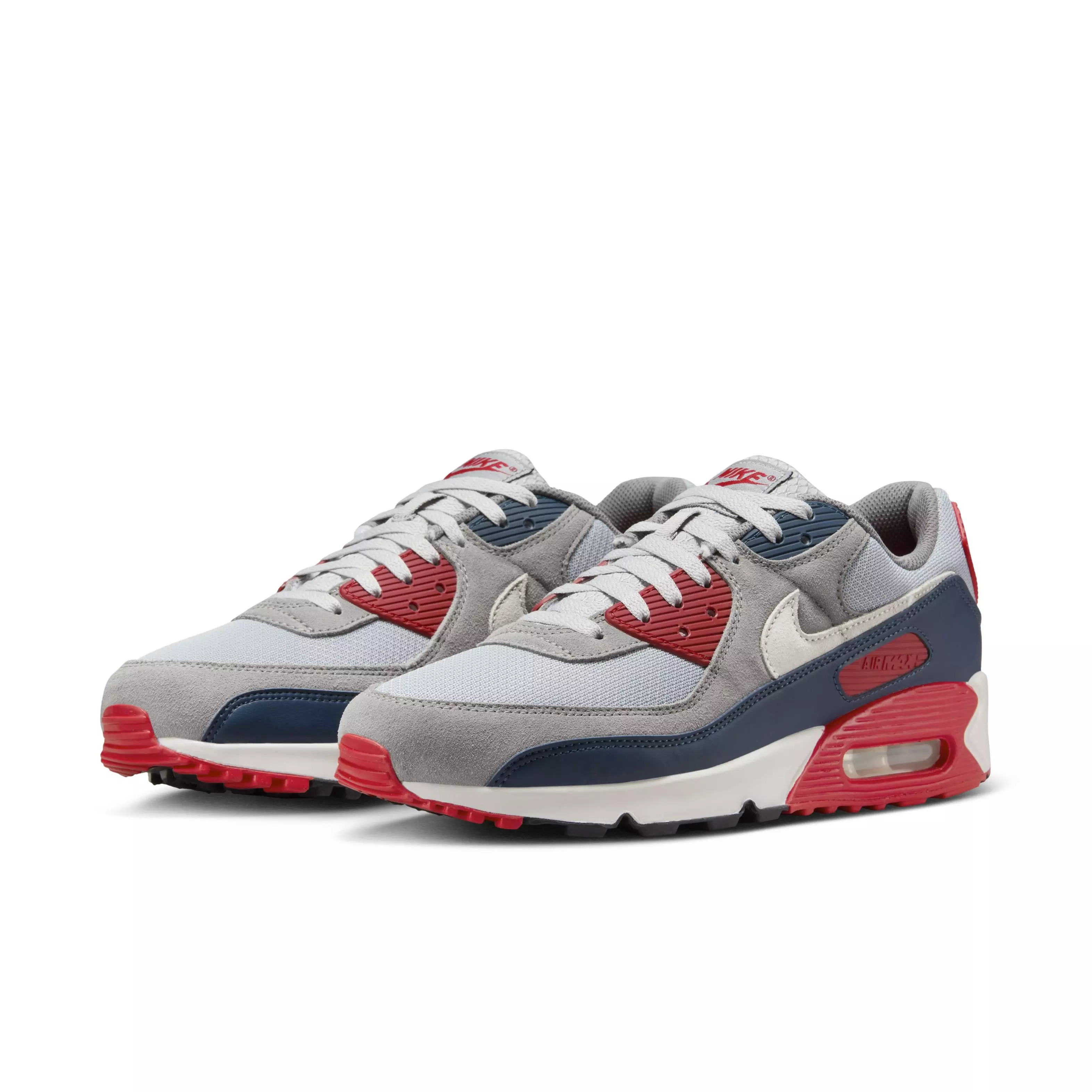 Nike Air Max 90 "Light Smoke Grey/Armory Navy/Fire Red/Phantom" Men's Shoe - LT GREY/NAVY/RED/PHANTOM