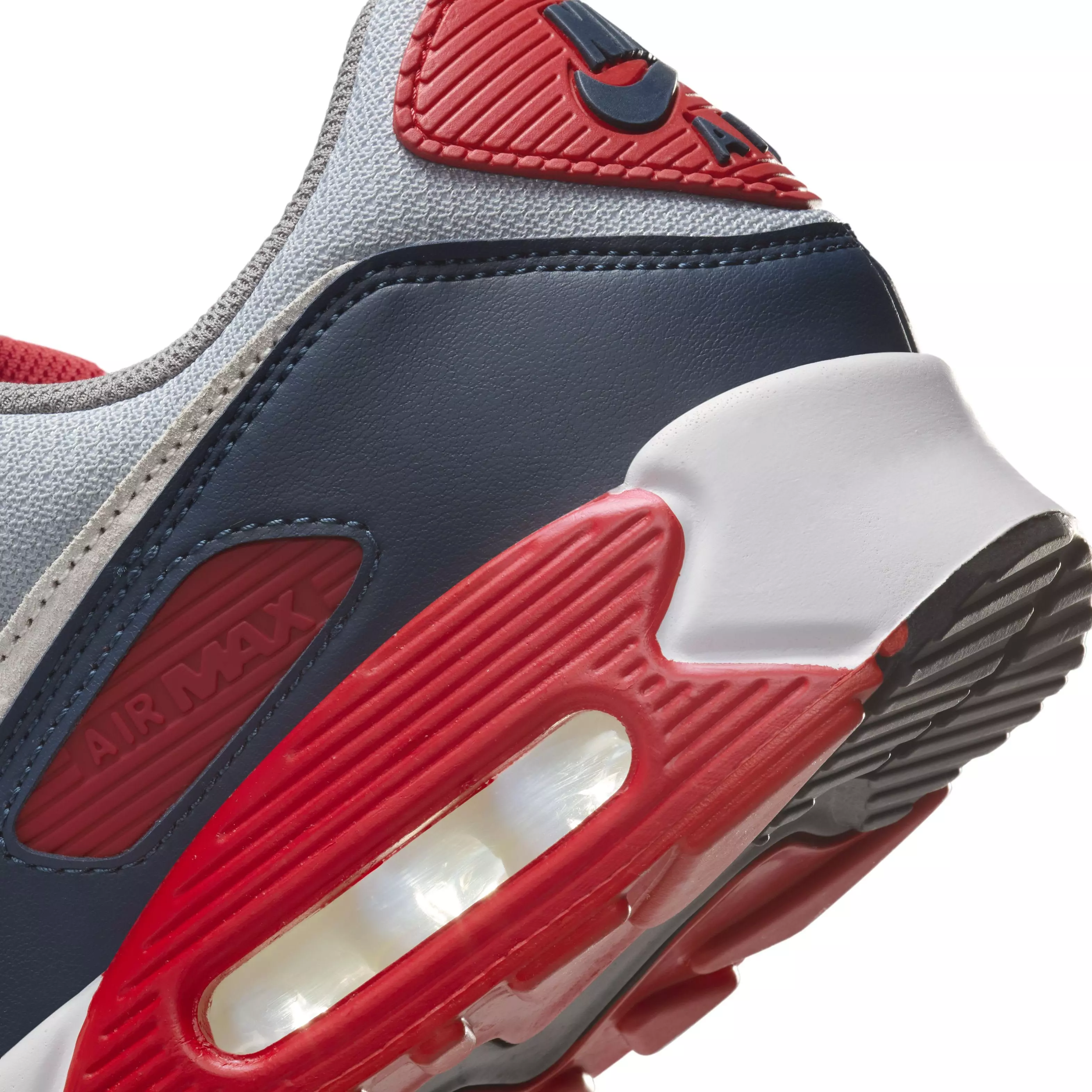 Nike Air Max 90 "Light Smoke Grey/Armory Navy/Fire Red/Phantom" Men's Shoe - LT GREY/NAVY/RED/PHANTOM
