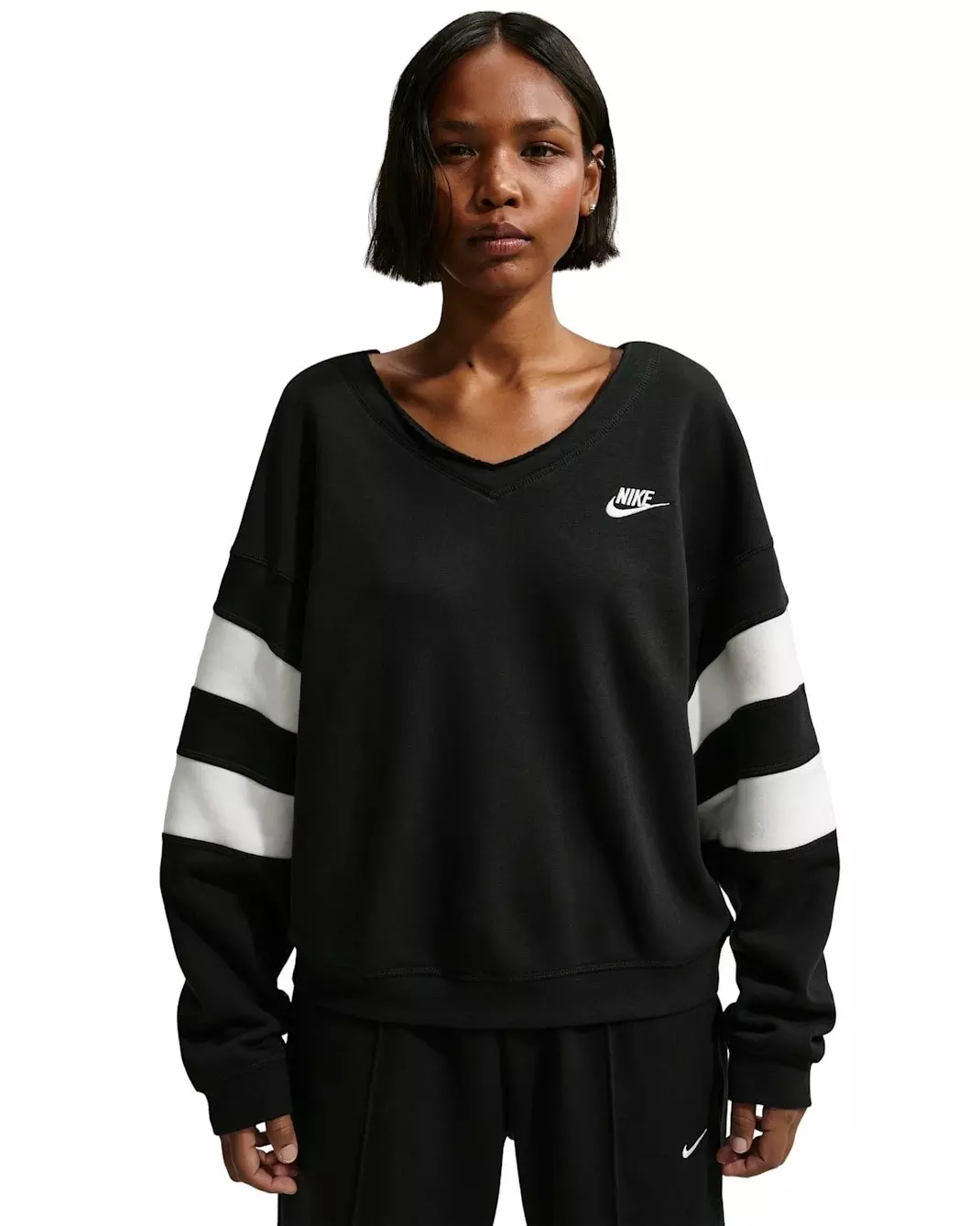 Nike Women's Sportswear Club Fleece Oversized V-Neck Sweatshirt - Black/White - BLACK/WHITE