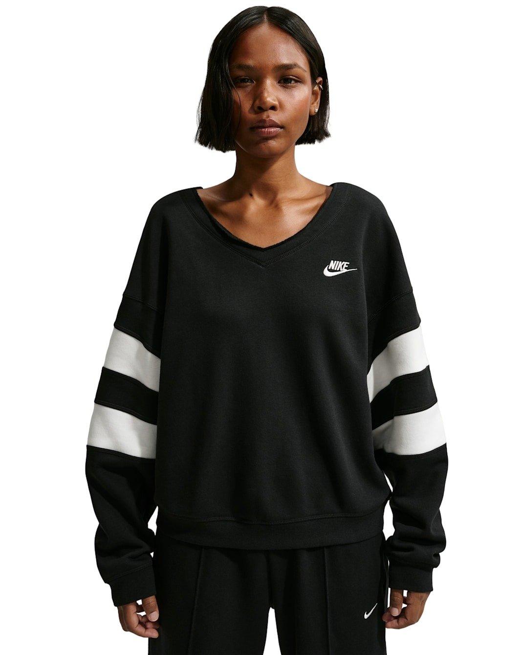 Nike Women's Sportswear Club Fleece Oversized V-Neck Sweatshirt -Black/White - BLACK/WHITE Thumbnail View 1