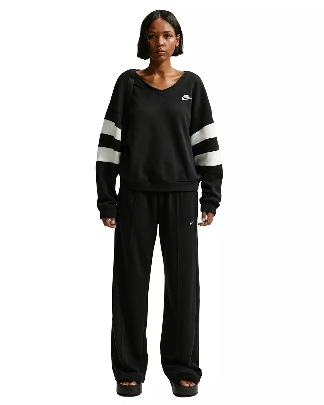Nike Women's Sportswear Club Fleece Oversized V-Neck Sweatshirt - Black/White - BLACK/WHITE