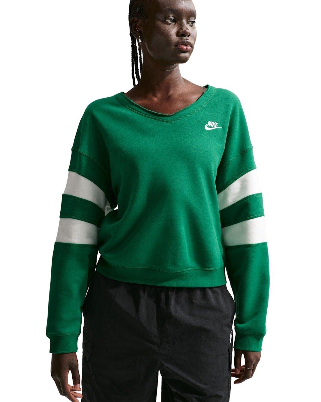 Nike Women's Sportswear Club Fleece Oversized V-Neck Sweatshirt - Green/White - GREEN/WHITE Thumbnail View 1