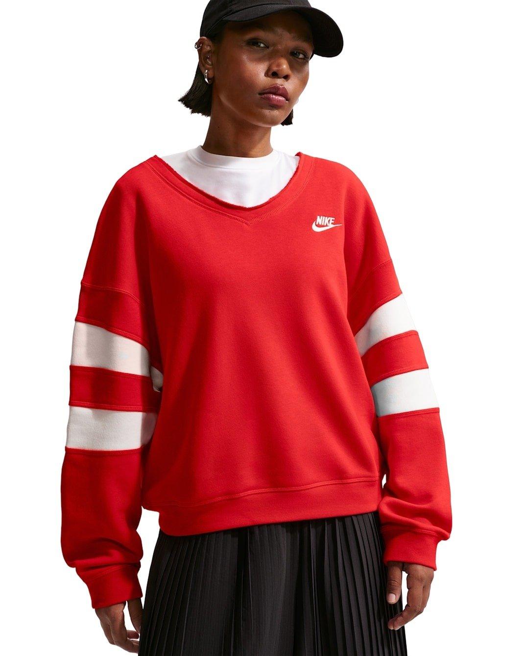 Nike Women's Sportswear Club Fleece Oversized V-Neck Sweatshirt - Red/White - RED/WHITE Thumbnail View 1
