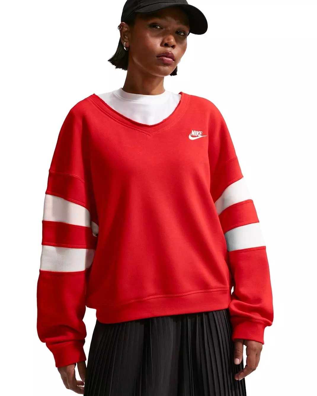 Nike Women's Sportswear Club Fleece Oversized V-Neck Sweatshirt -Red/White - RED/WHITE