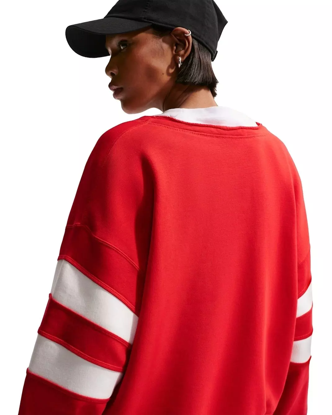 Nike Women's Sportswear Club Fleece Oversized V-Neck Sweatshirt - Red/White - RED/WHITE