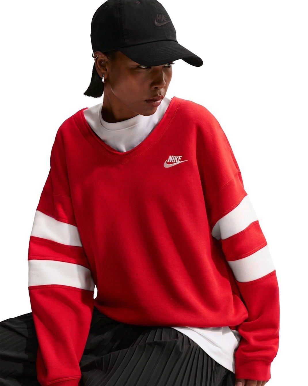 Nike Women's Sportswear Club Fleece Oversized V-Neck Sweatshirt - Red/White - RED/WHITE Thumbnail View 3