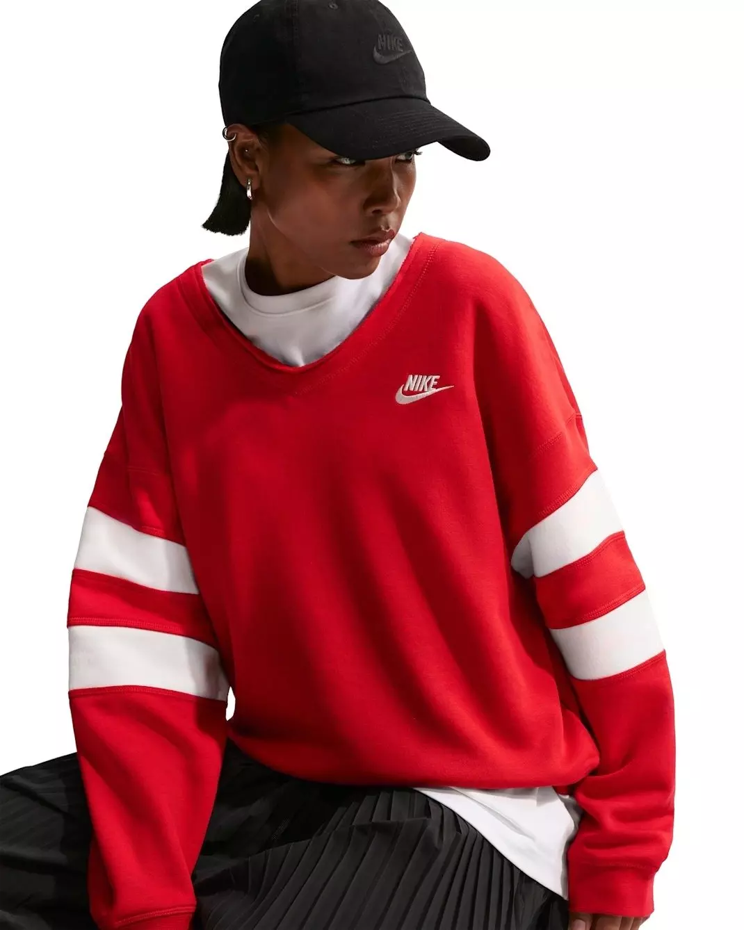 Nike Women's Sportswear Club Fleece Oversized V-Neck Sweatshirt - Red/White - RED/WHITE