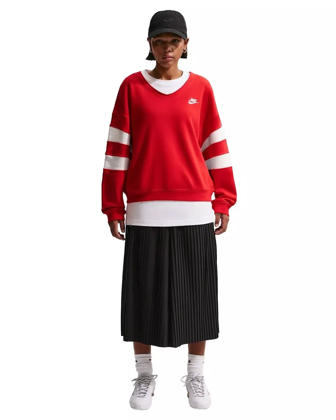 Nike Women's Sportswear Club Fleece Oversized V-Neck Sweatshirt - Red/White - RED/WHITE