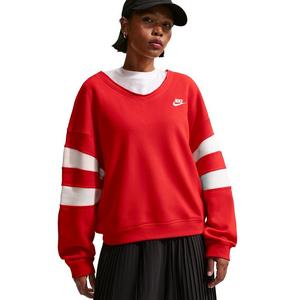 Nike Women's Sportswear Club Fleece Oversized V-Neck Sweatshirt -Red/White