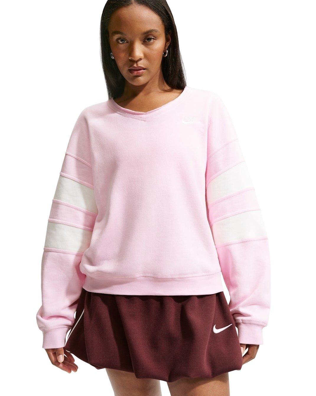 Nike Women's Sportswear Club Fleece Oversized V-Neck Sweatshirt - Pink/White - PINK/WHITE Thumbnail View 1