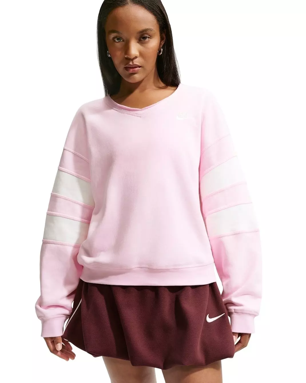 Nike Women's Sportswear Club Fleece Oversized V-Neck Sweatshirt -Pink/White - PINK/WHITE