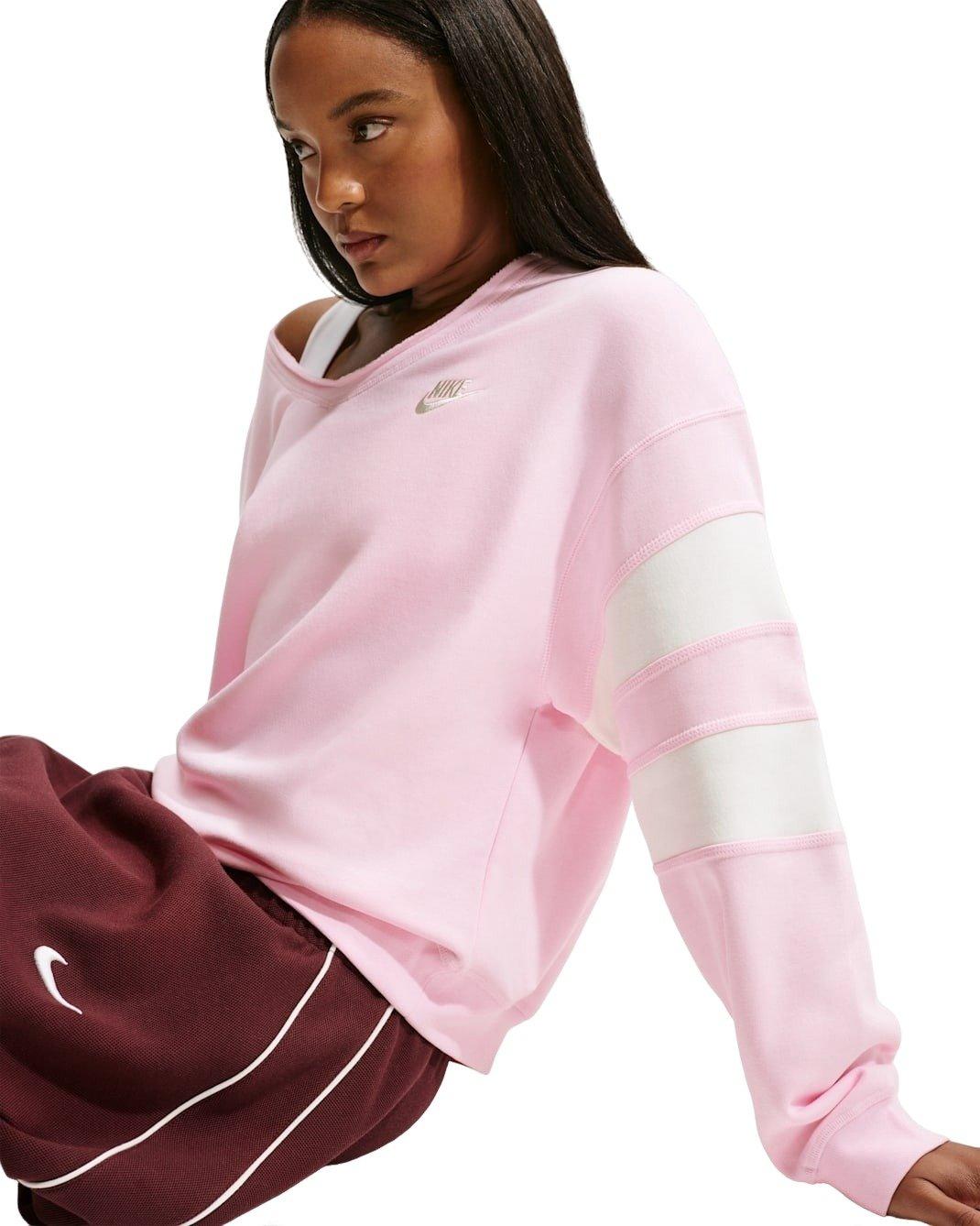 Nike Women's Sportswear Club Fleece Oversized V-Neck Sweatshirt -Pink/White - PINK/WHITE Thumbnail View 3