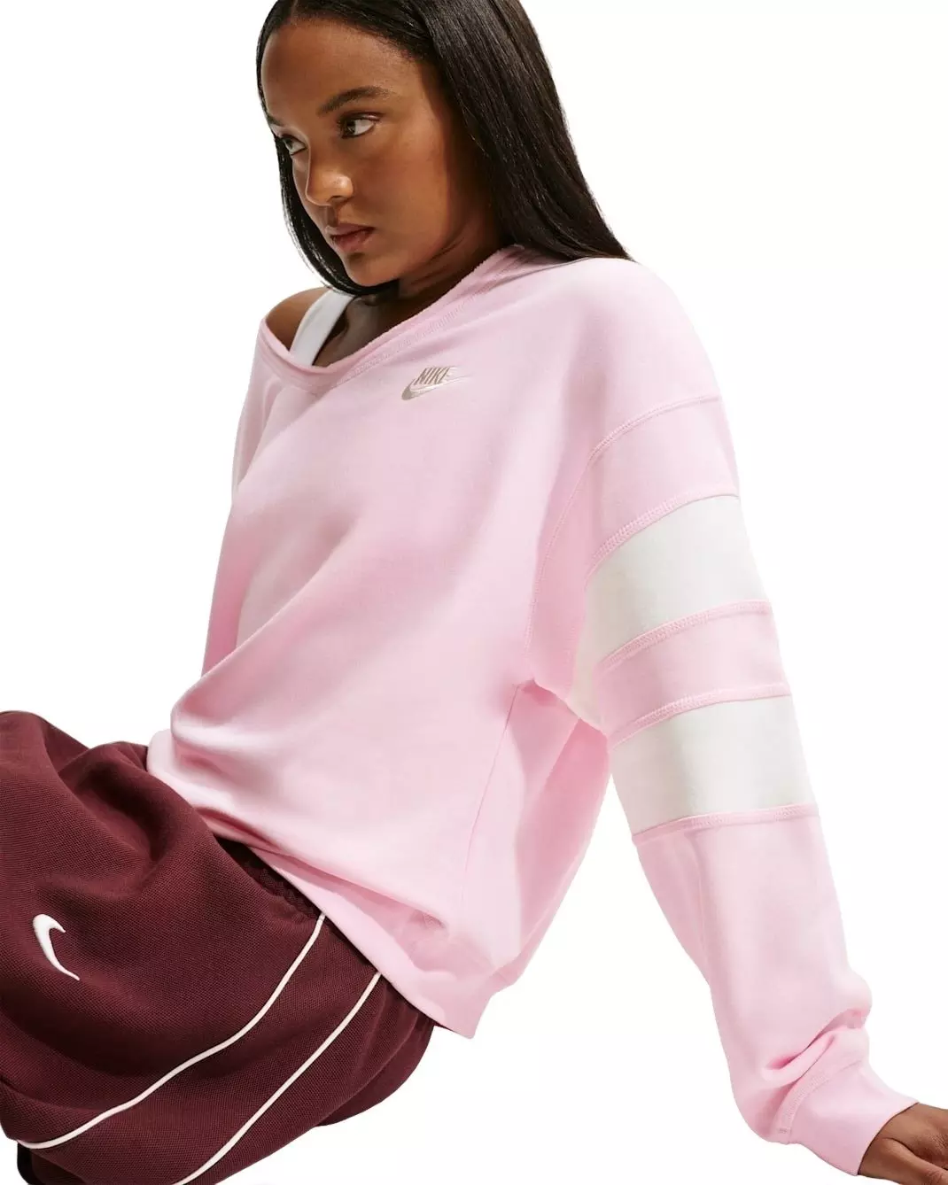 Nike Women's Sportswear Club Fleece Oversized V-Neck Sweatshirt -Pink/White - PINK/WHITE