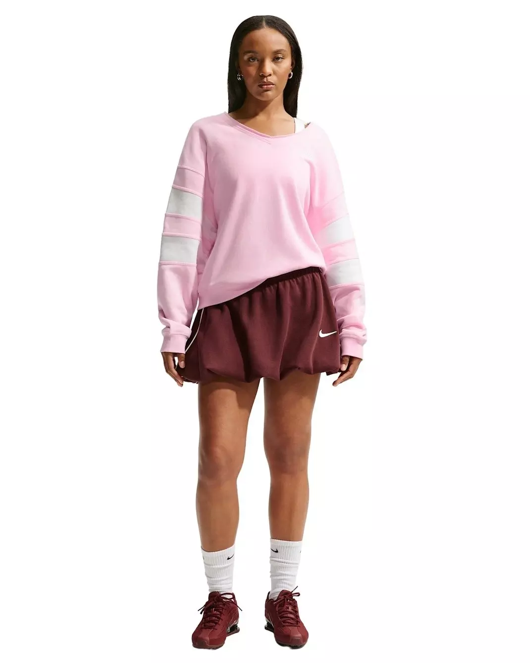 Nike Women's Sportswear Club Fleece Oversized V-Neck Sweatshirt - Pink/White - PINK/WHITE