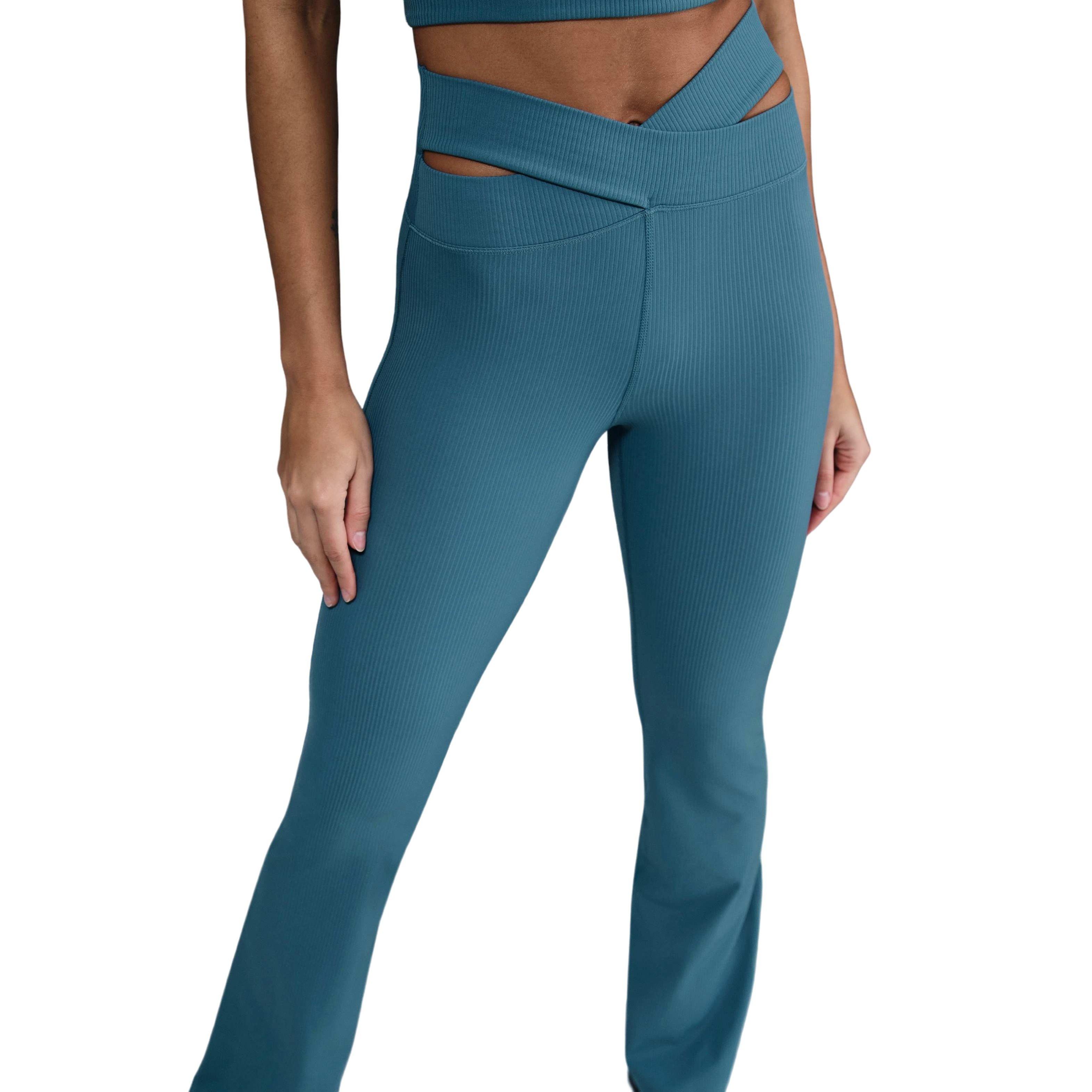 Nike Women's Dri-FIT Zenvy Gentle-Support HW Rib Flared Leggings -Blue - BLUE Thumbnail View 3