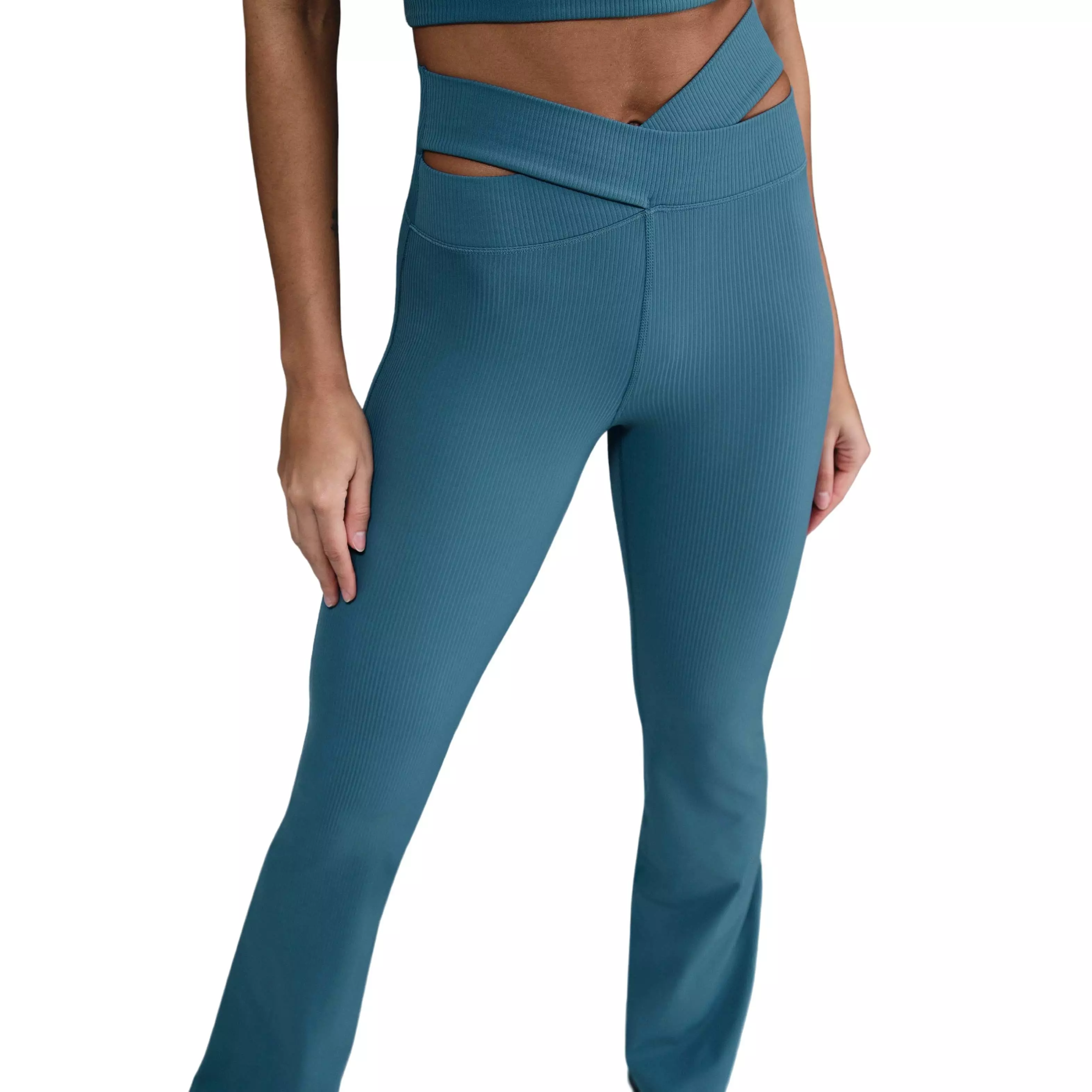 Nike Women's Dri-FIT Zenvy Gentle-Support HW Rib Flared Leggings -Blue - BLUE