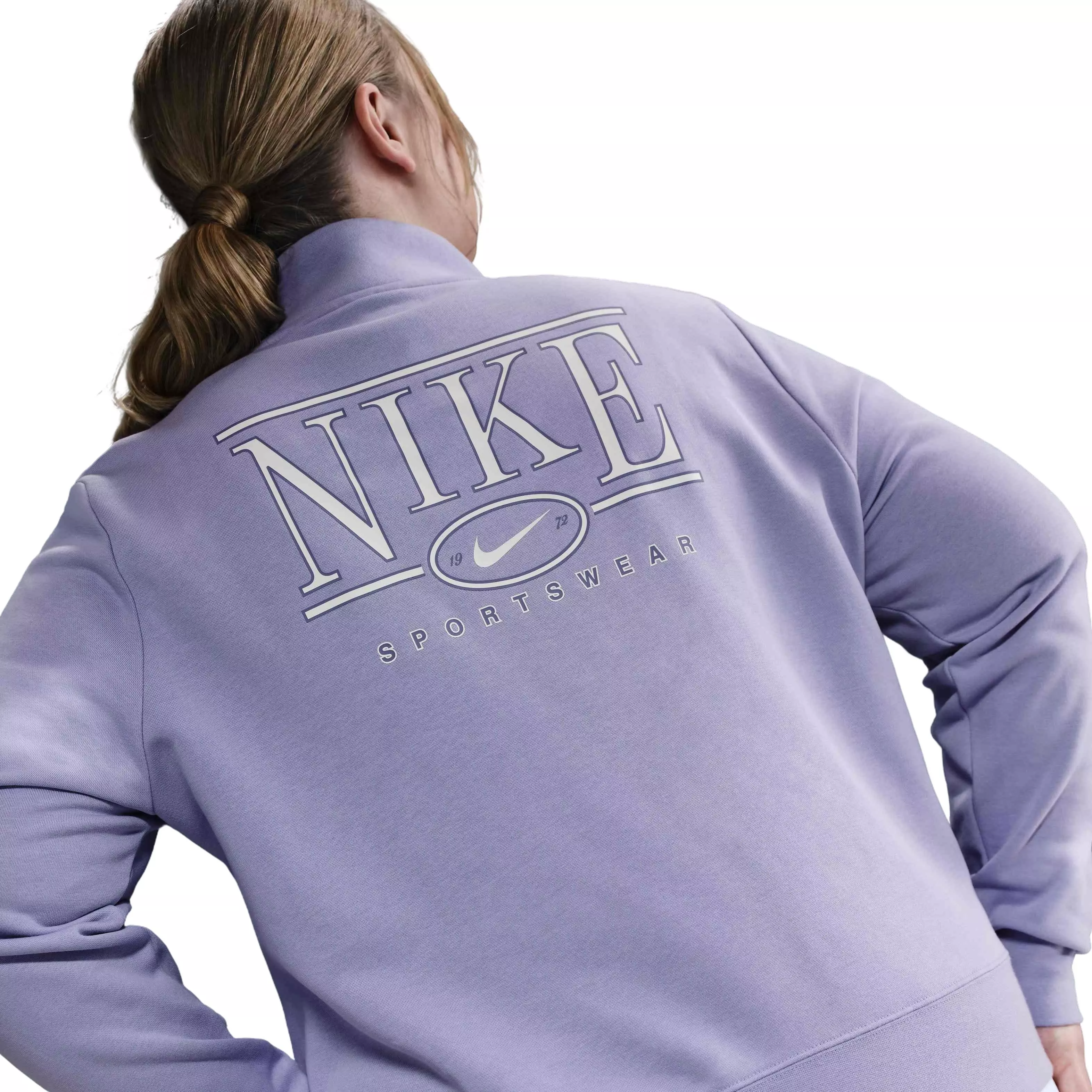 Nike Women's Sportswear Club Fleece Mock-Neck Quarter-Zip Graphic Top -Purple - PURPLE