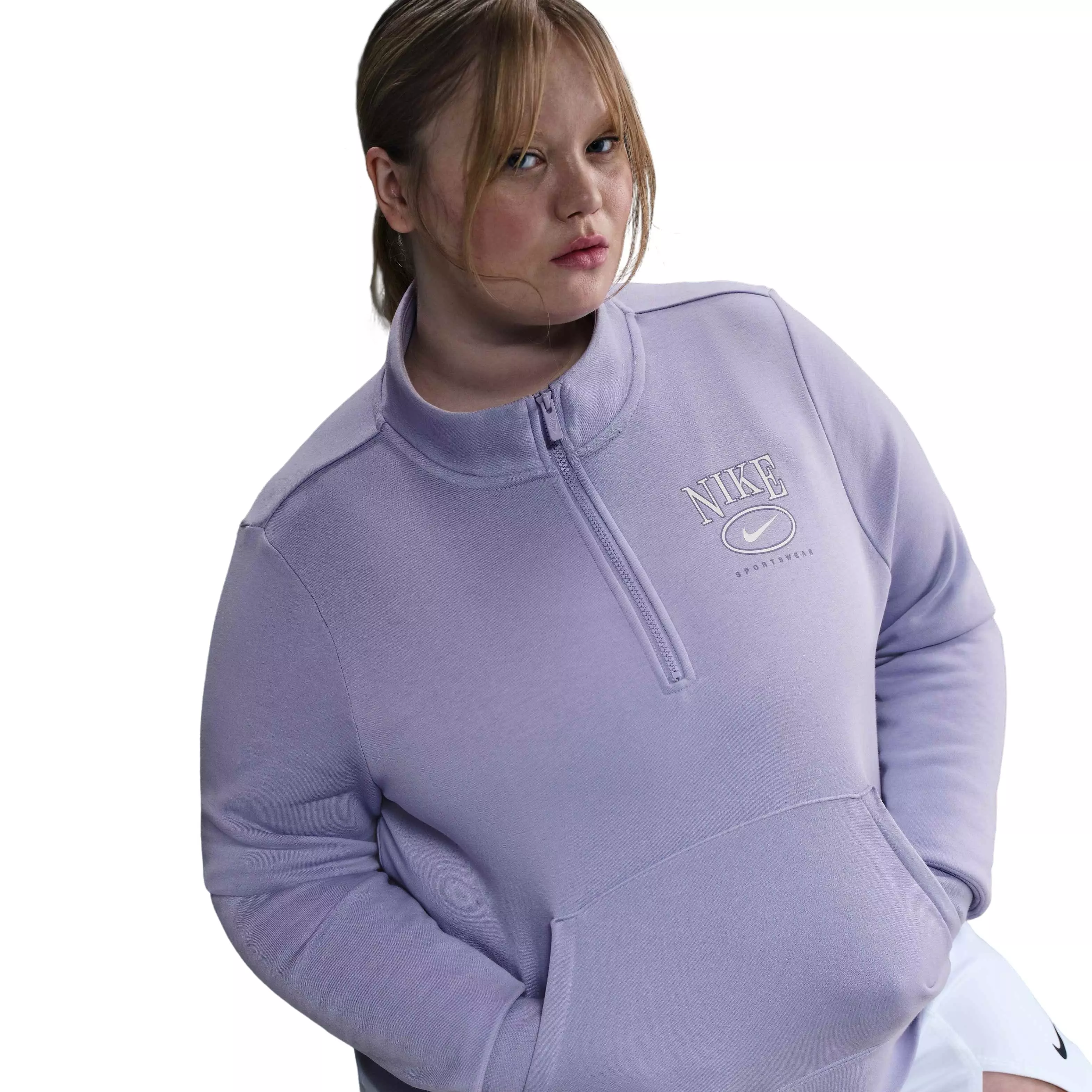 Nike Women's Sportswear Club Fleece Mock-Neck Quarter-Zip Graphic Top -Purple - PURPLE