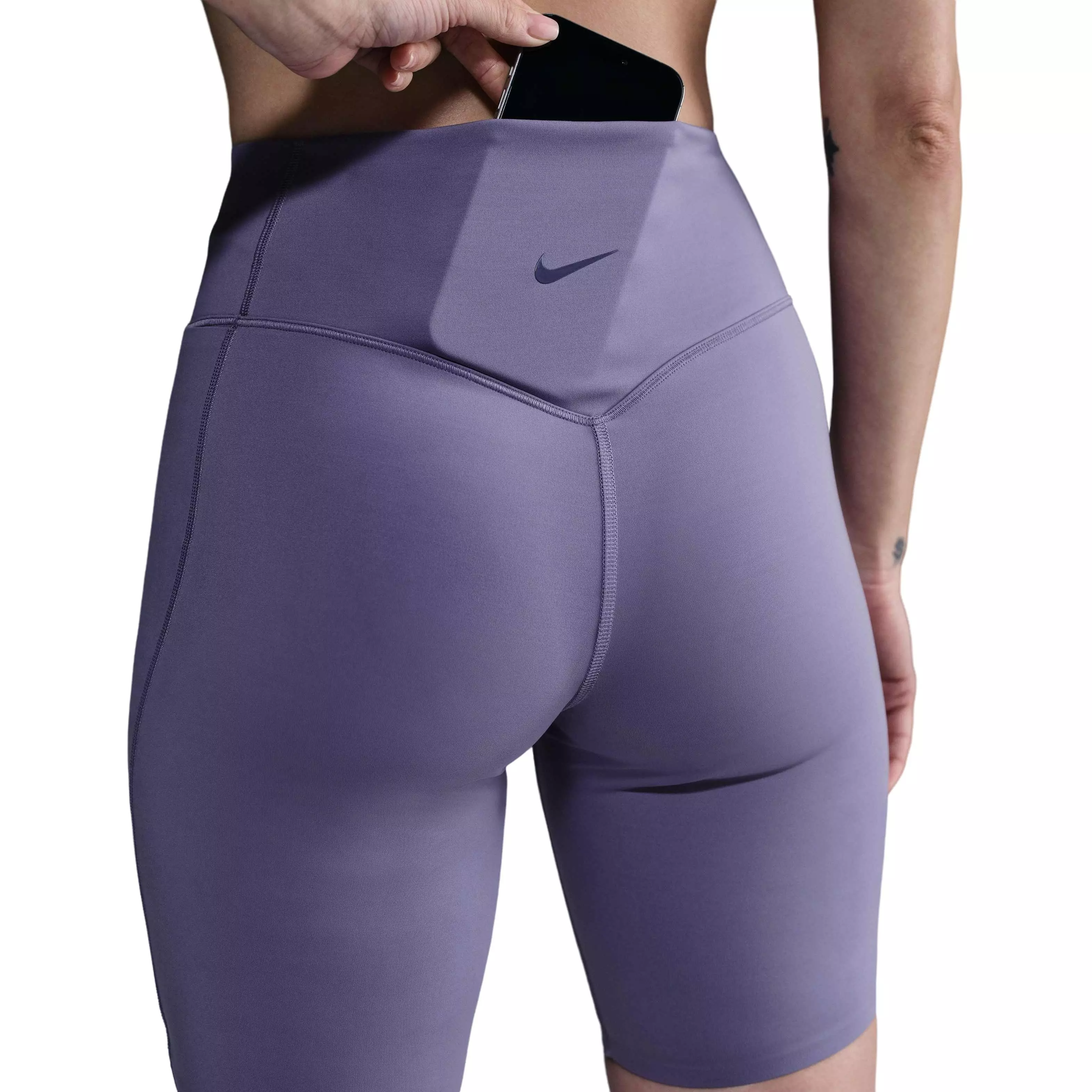 Nike Women's Universa High-Waisted Med-Support Biker Shorts w/Pockets - PURPLE
