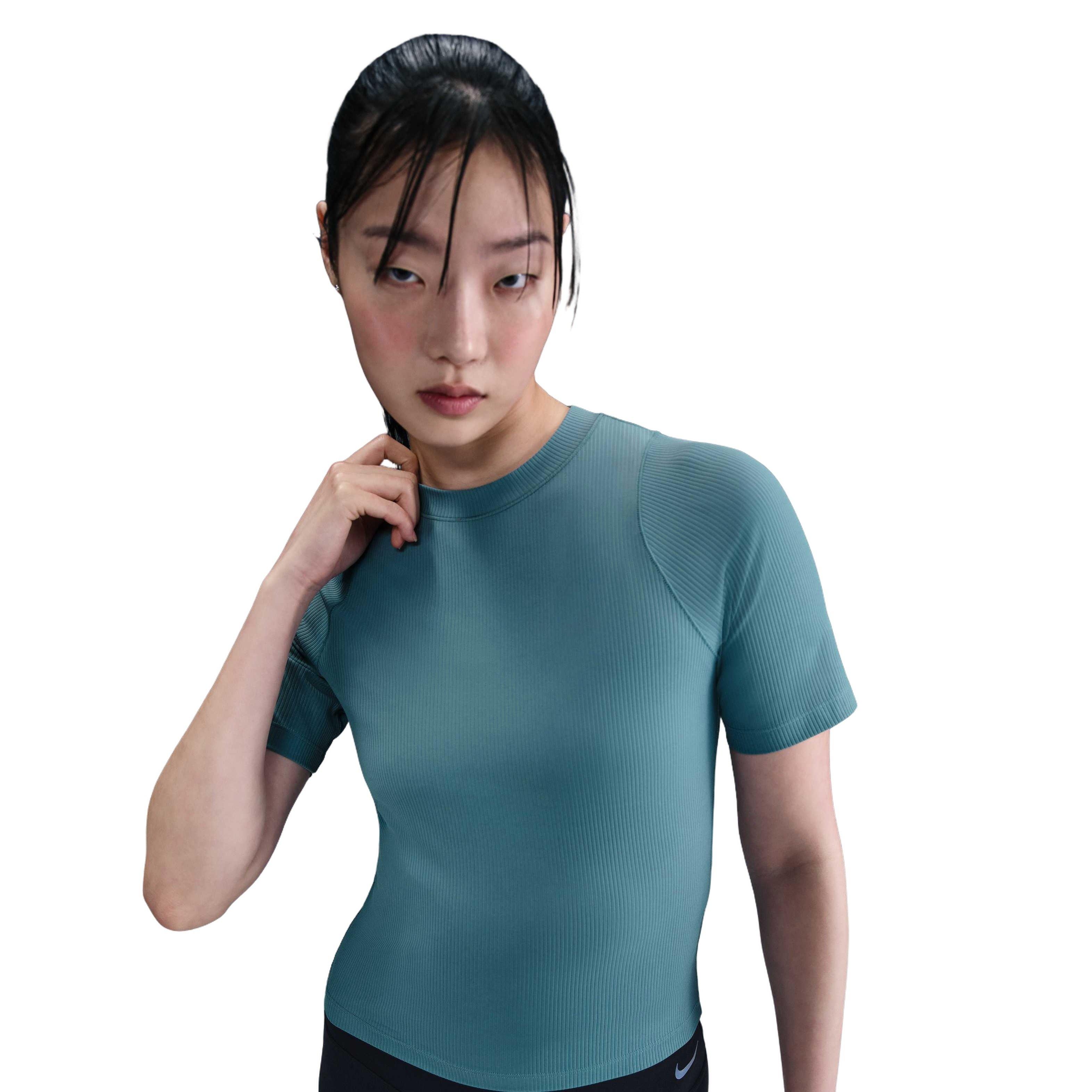 Nike Women's INF Dri-FIT Short-Sleeve Wide Rib Top - Blue - BLUE Thumbnail View 3