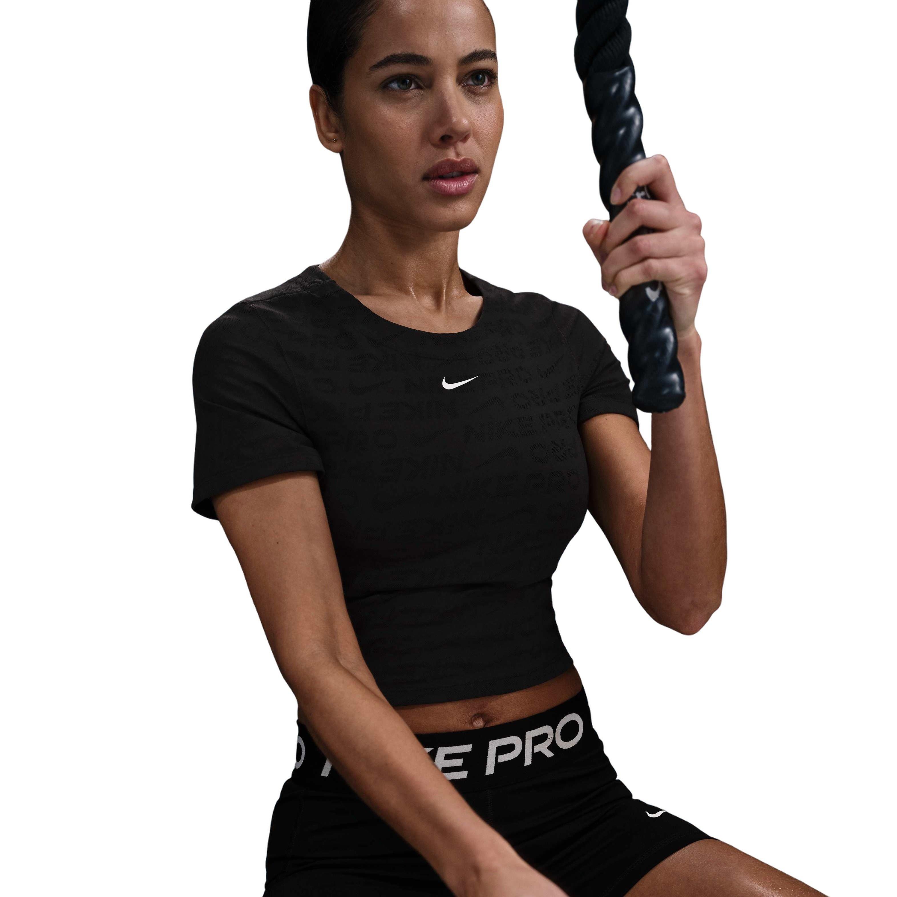 Nike Women's Pro Dri-FIT Short-Sleeve Cropped Jacquard Top - BLACK Thumbnail View 1