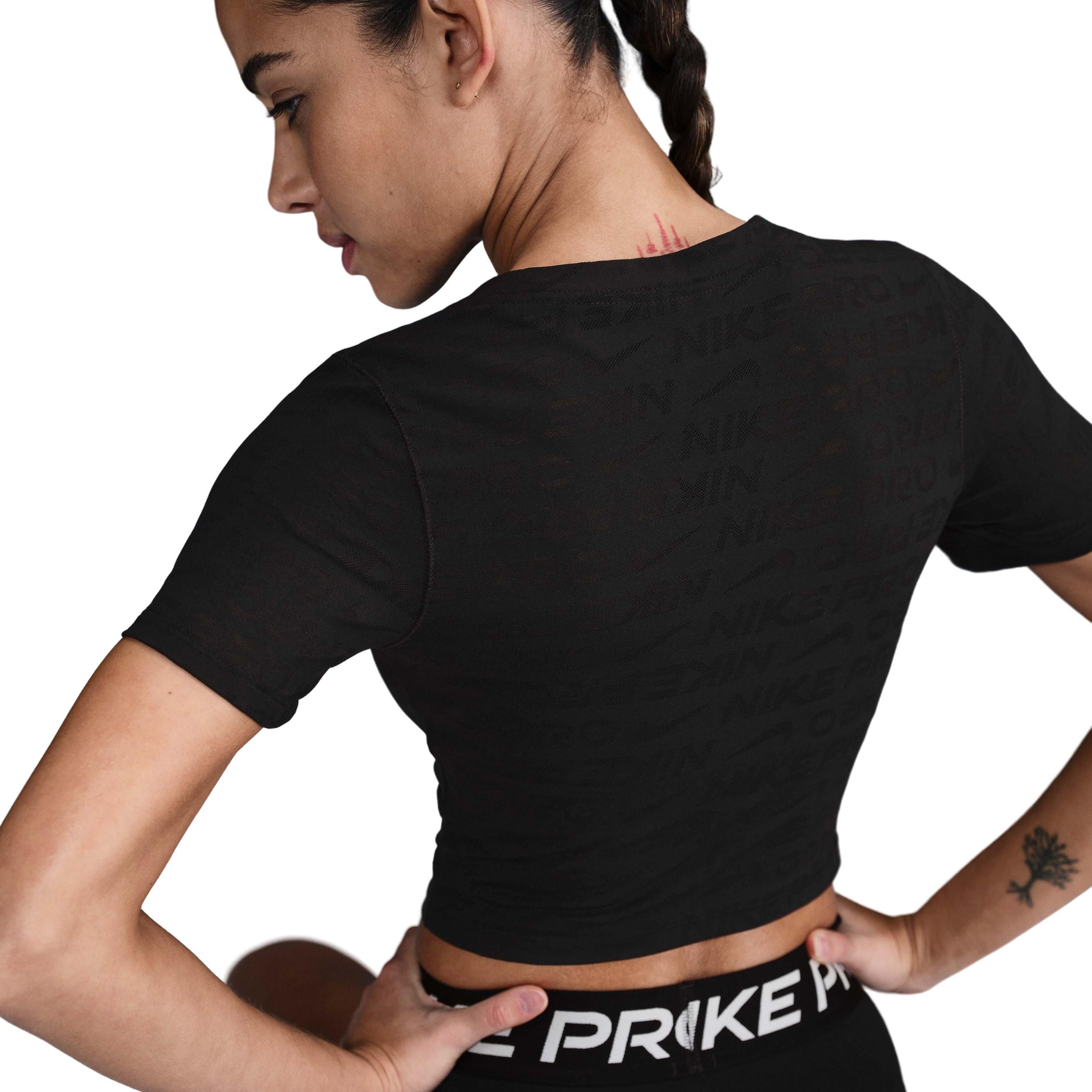 Nike Women's Pro Dri-FIT Short-Sleeve Cropped Jacquard Top - BLACK Thumbnail View 2