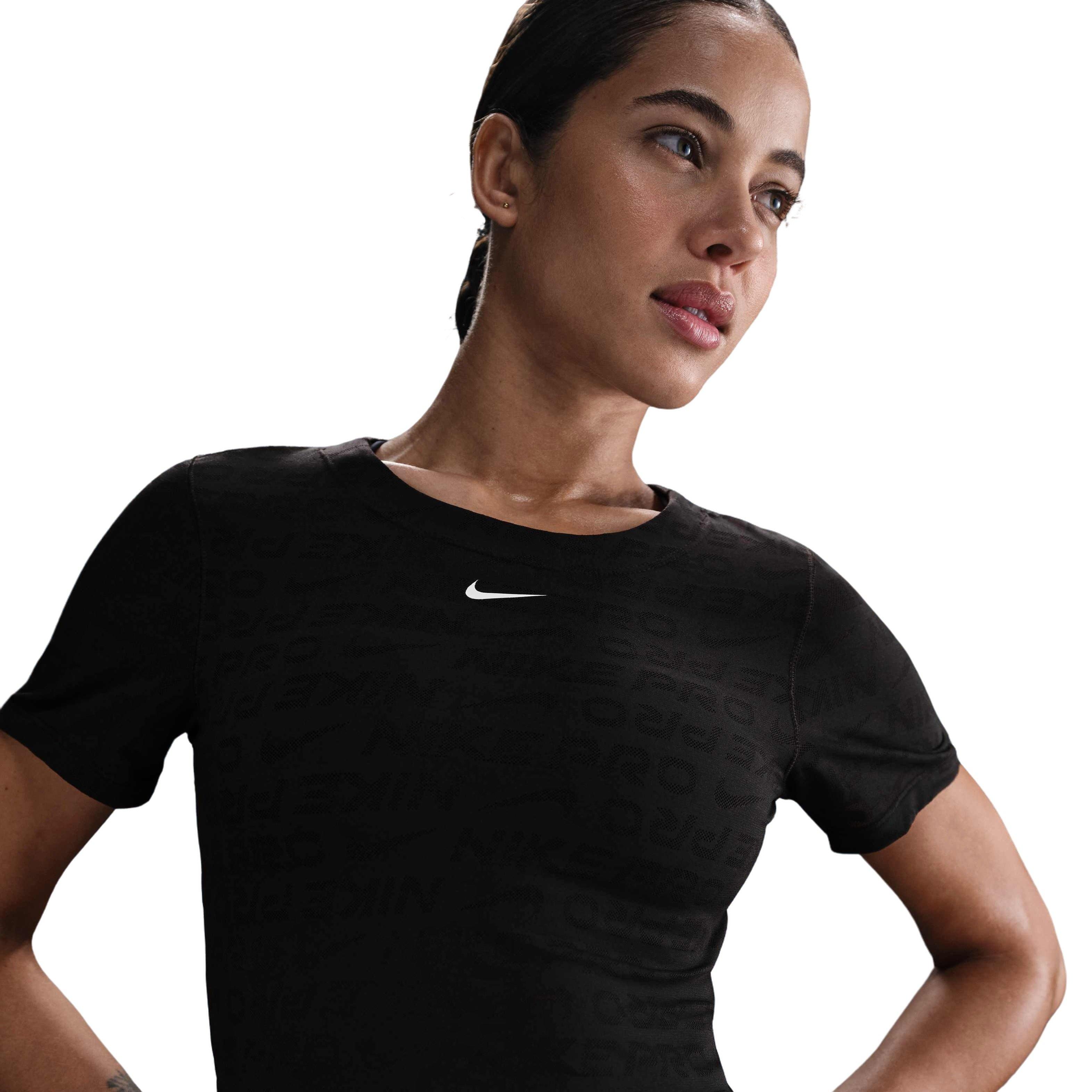 Nike Women's Pro Dri-FIT Short-Sleeve Cropped Jacquard Top - BLACK Thumbnail View 3