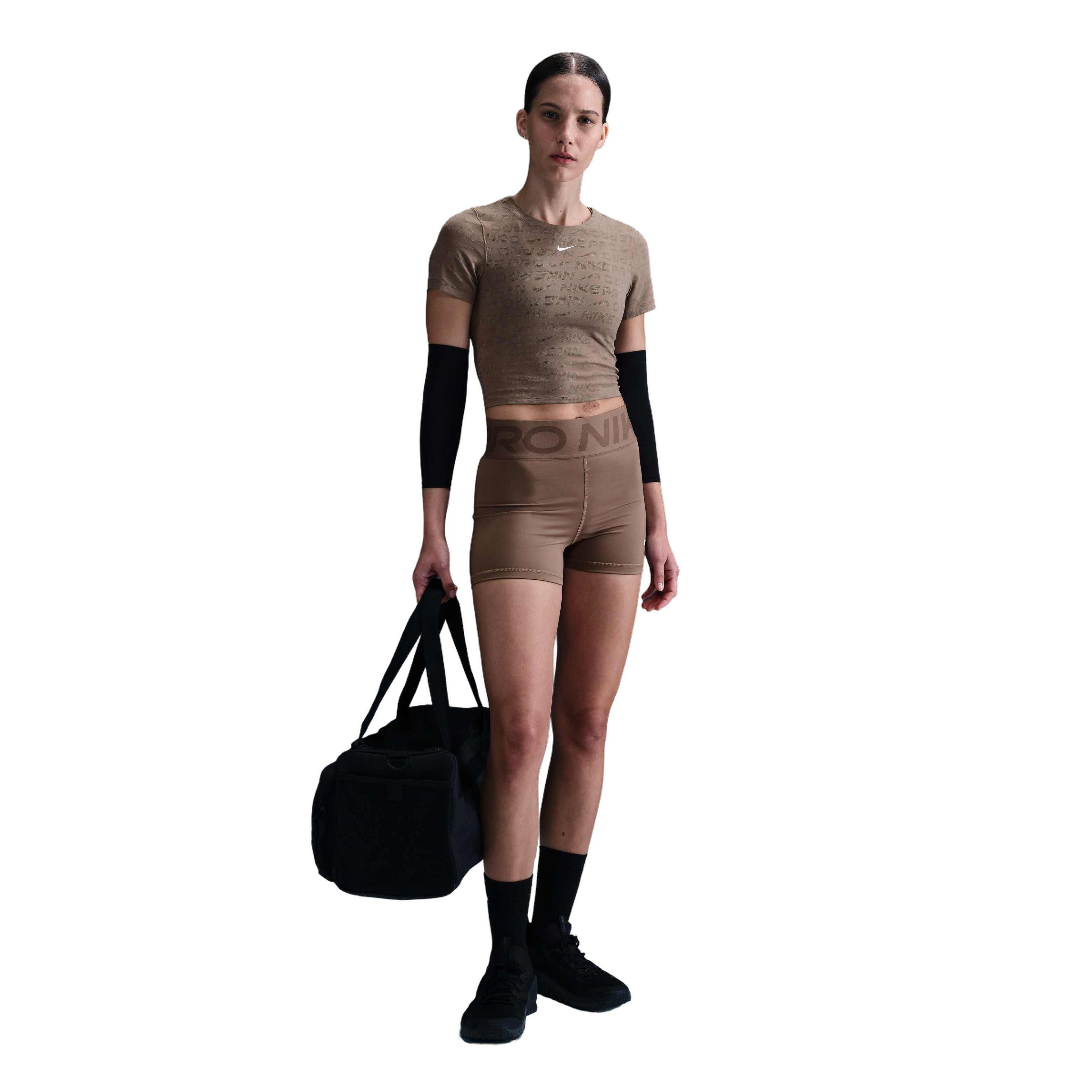 Nike Women's Pro Dri-FIT Short-Sleeve Cropped Jacquard Top - BROWN Thumbnail View 1