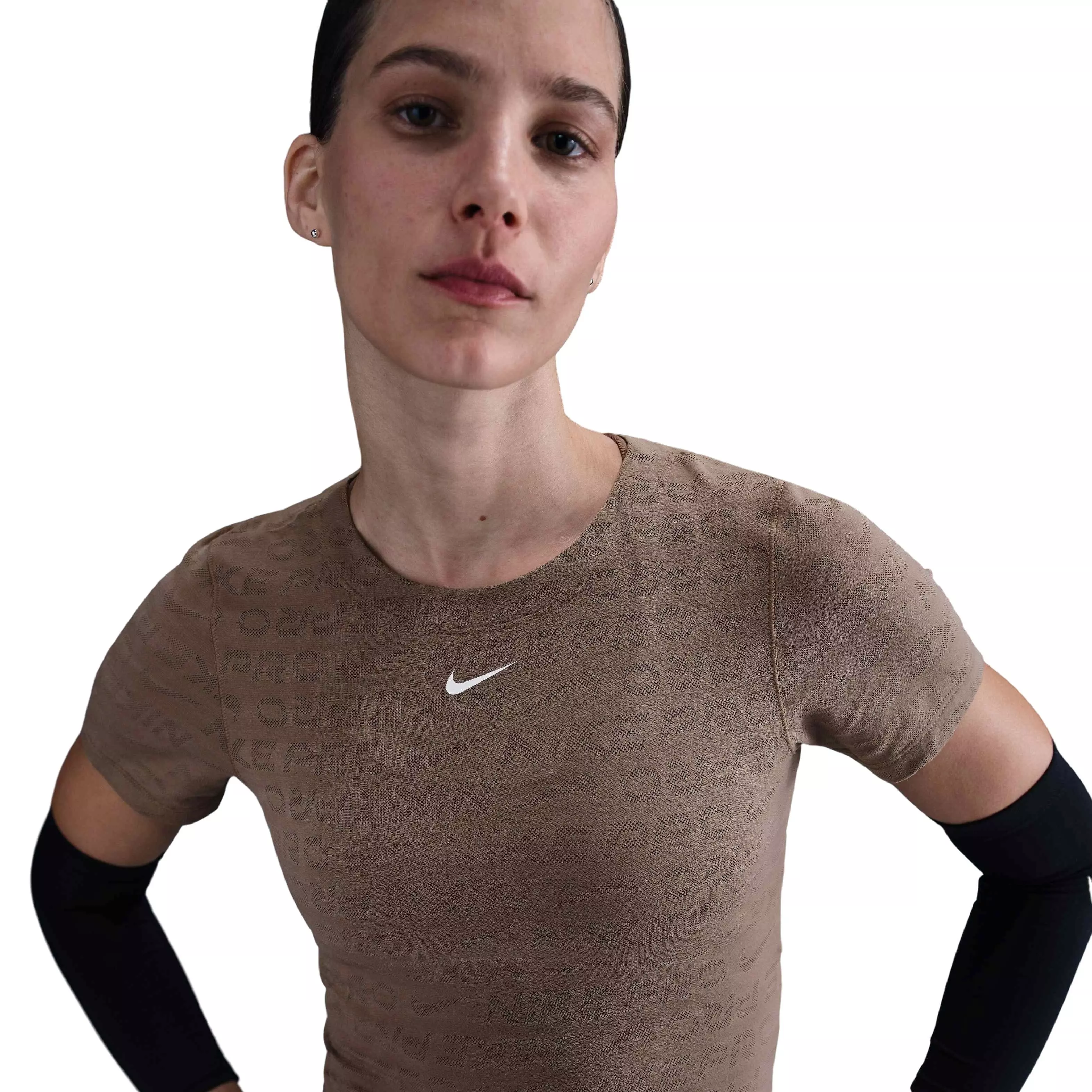 Nike Women's Pro Dri-FIT Short-Sleeve Cropped Jacquard Top - BROWN