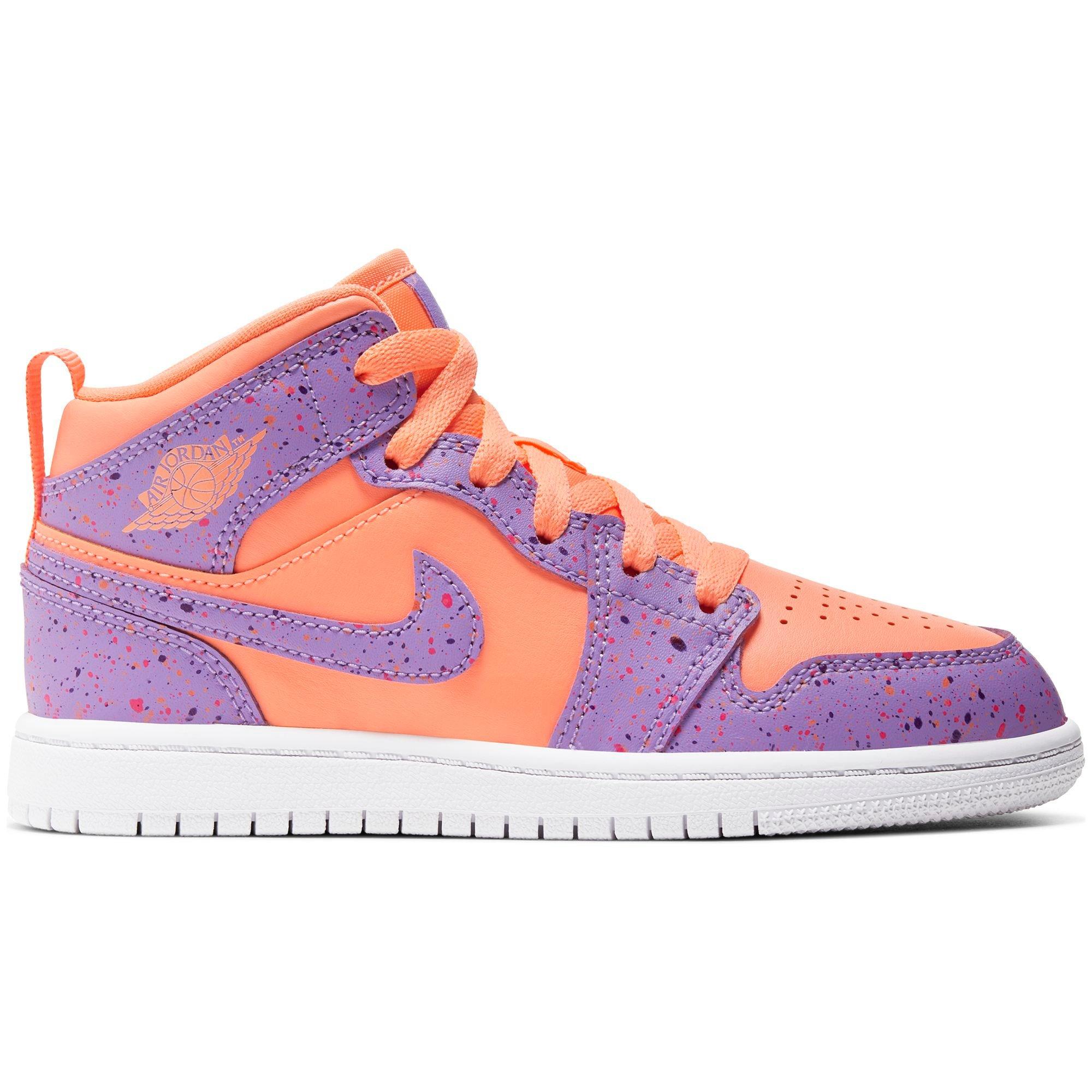 Jordan 1 Mid "Orange Pulse/Atomic Violet/Laser Crimson" Preschool Kids' Shoe - ORANGE Thumbnail View 1