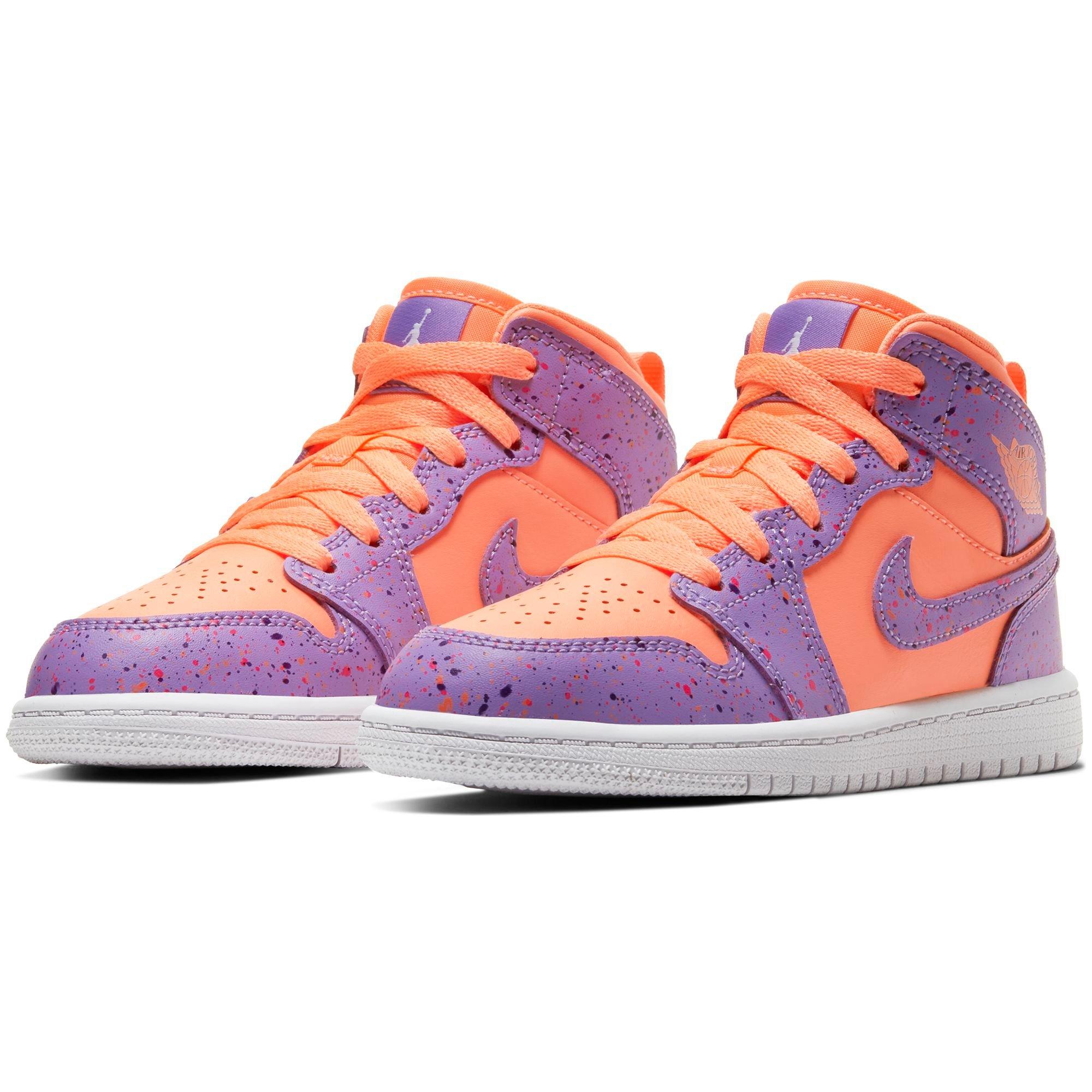 Jordan 1 Mid "Orange Pulse/Atomic Violet/Laser Crimson" Preschool Kids' Shoe - ORANGE Thumbnail View 3