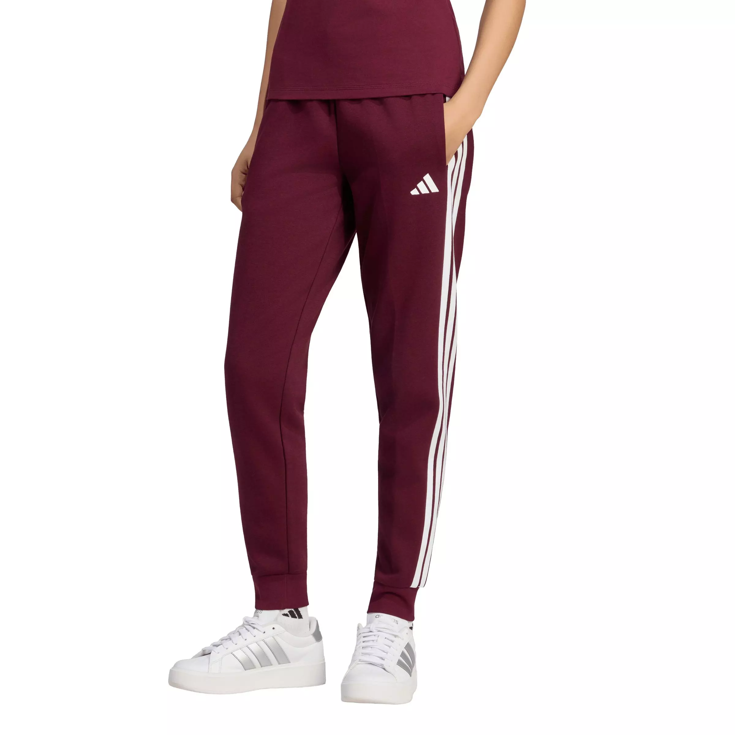 adidas Women's Essentials 3-Stripes Fleece Slim Pants - Maroon - MAROON