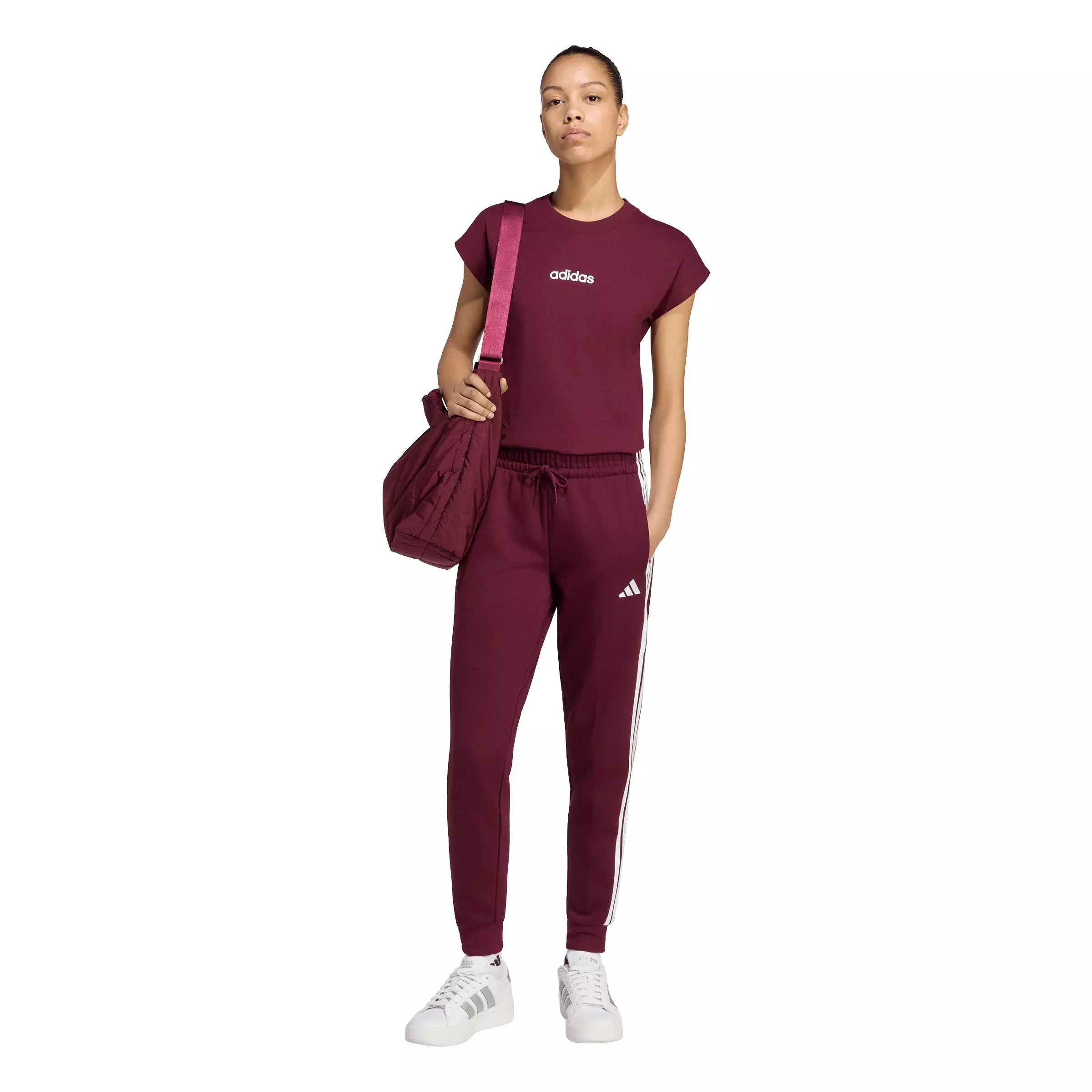 adidas Women's Essentials 3-Stripes Fleece Slim Pants - Maroon - MAROON