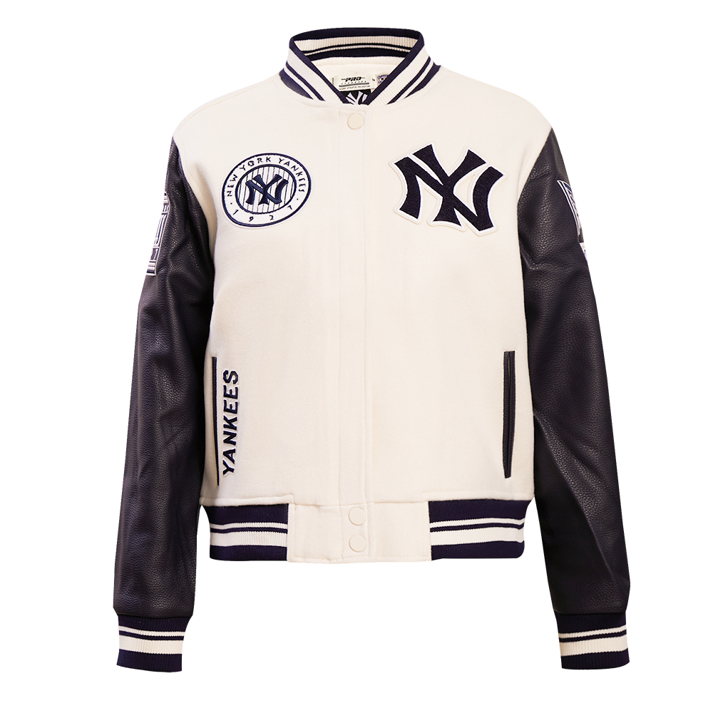 Pro Standard Women's MLB New York Yankees Retro Classic Rib Wool Varsity Jacket - Eggshell/ Navy - EGGSHELL/NAVY Thumbnail View 1