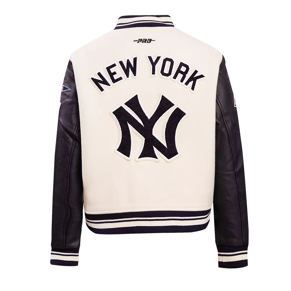 Pro Standard Women's MLB New York Yankees Retro Classic Rib Wool Varsity Jacket - Eggshell/ Navy - EGGSHELL/NAVY