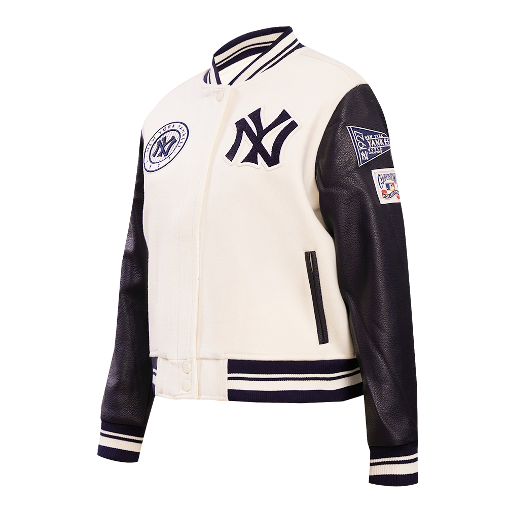 Pro Standard Women's MLB New York Yankees Retro Classic Rib Wool Varsity Jacket -Eggshell/ Navy - EGGSHELL/NAVY Thumbnail View 3
