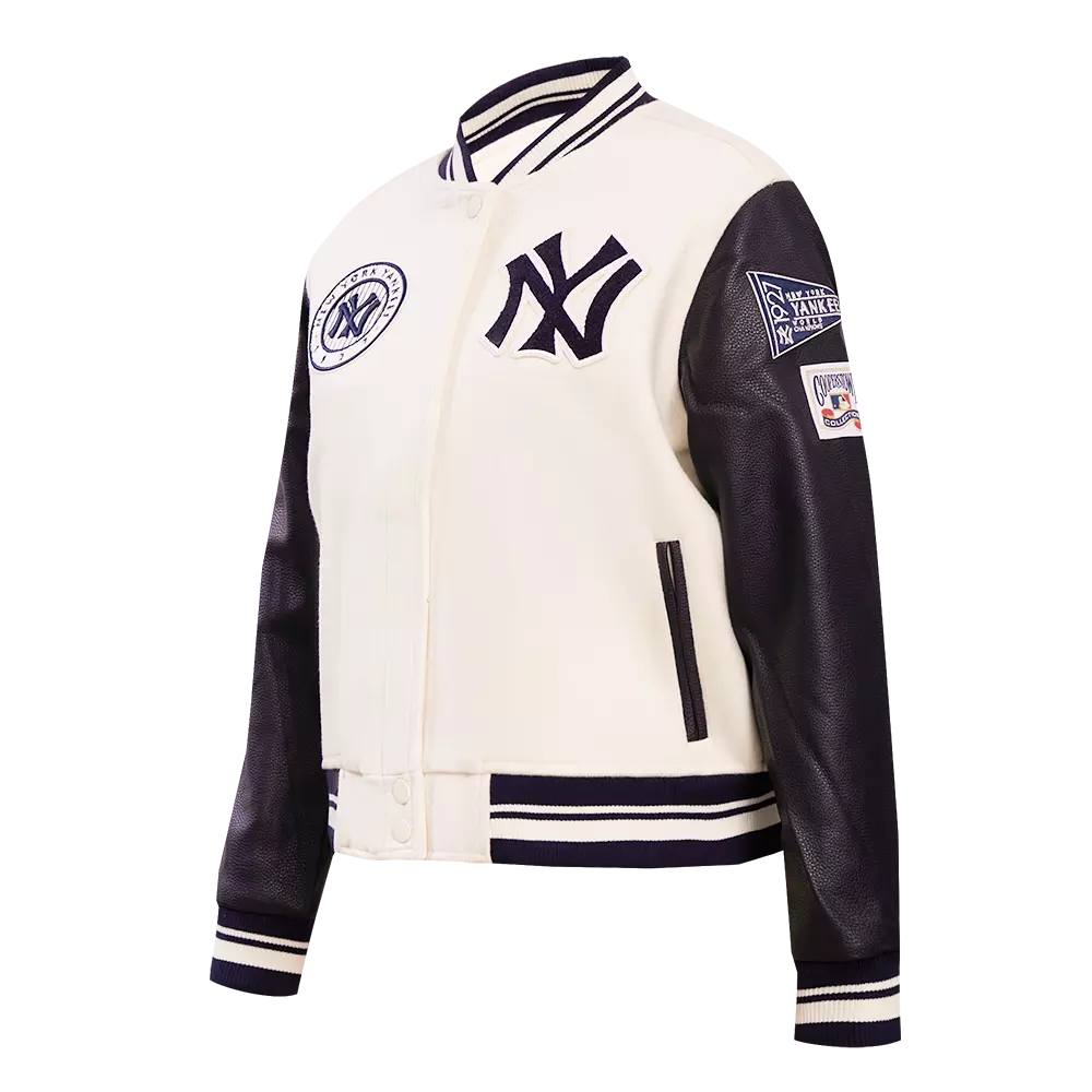 Pro Standard Women's MLB New York Yankees Retro Classic Rib Wool Varsity Jacket -Eggshell/ Navy - EGGSHELL/NAVY