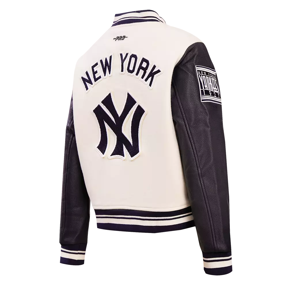 Pro Standard Women's MLB New York Yankees Retro Classic Rib Wool Varsity Jacket -Eggshell/ Navy - EGGSHELL/NAVY
